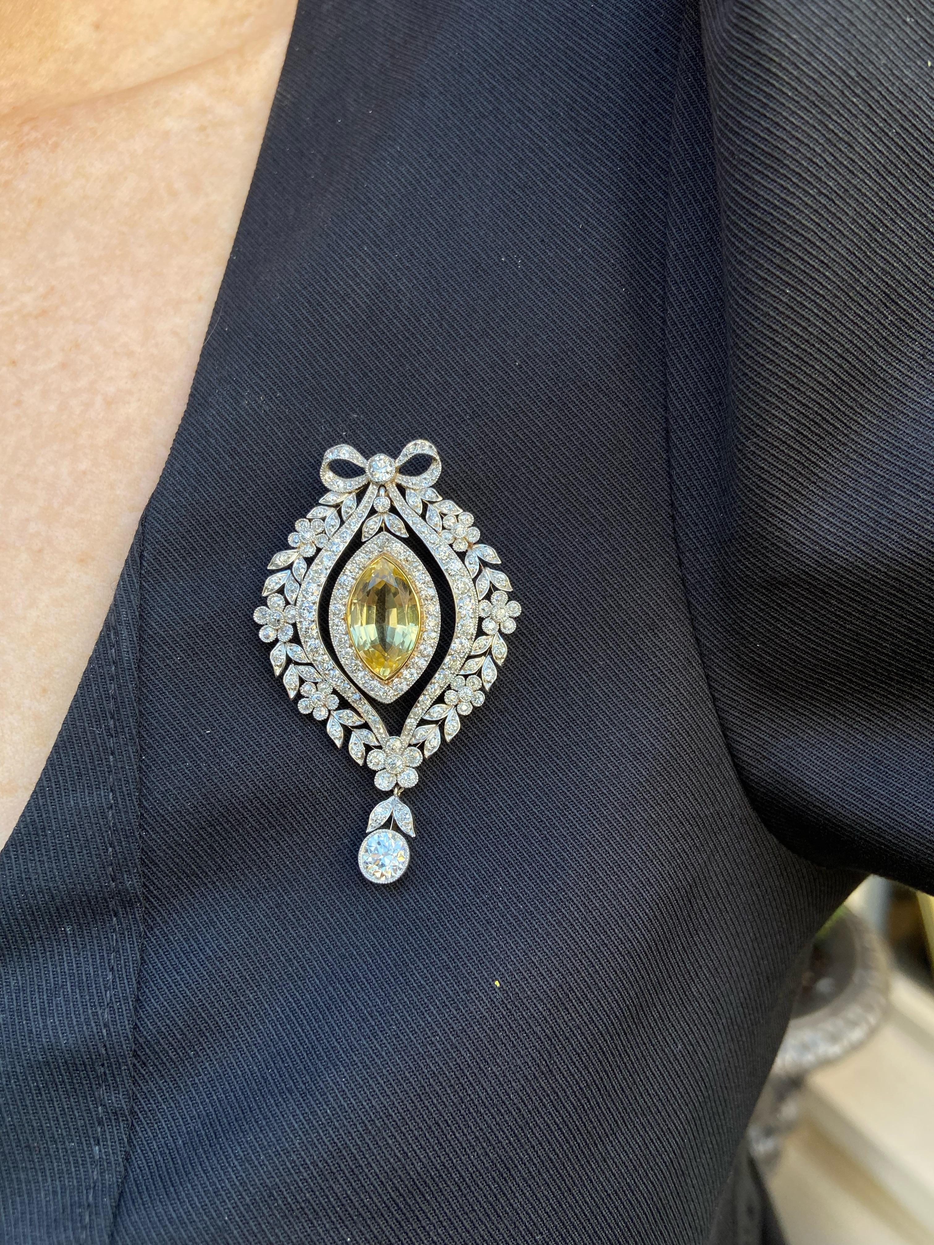 Yellow Sapphire and Diamond 1890's Estate Pendant Necklace/Brooch in Platinum For Sale 1