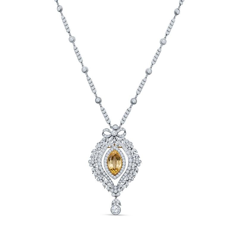Yellow Sapphire and Diamond 1890's Estate Pendant Necklace/Brooch in Platinum For Sale