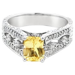 Yellow Sapphire and Diamond 18K White Gold Vintage Ring
