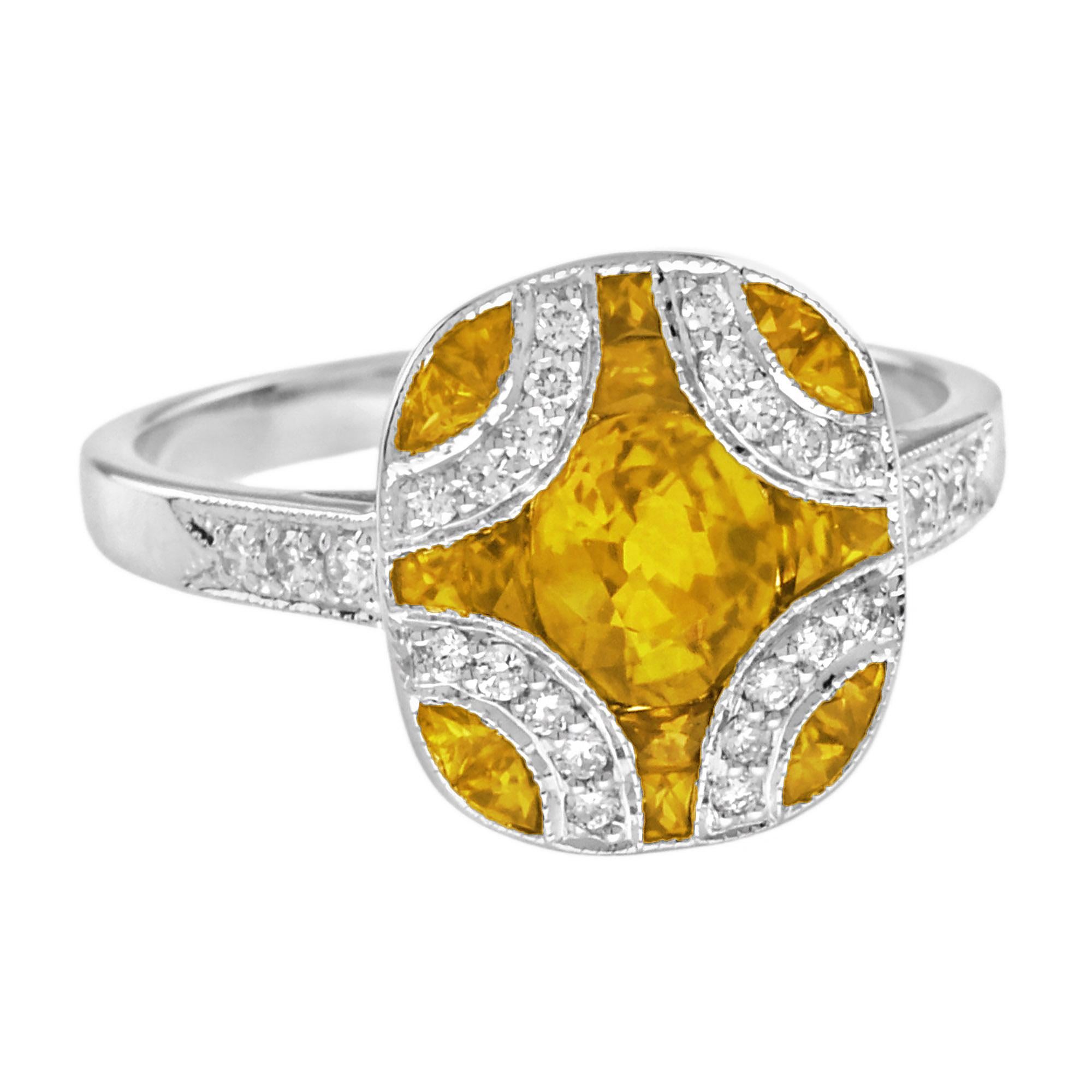 Oval Cut Yellow Sapphire and Diamond Art Deco Style Engagement Ring in 18K White Gold For Sale