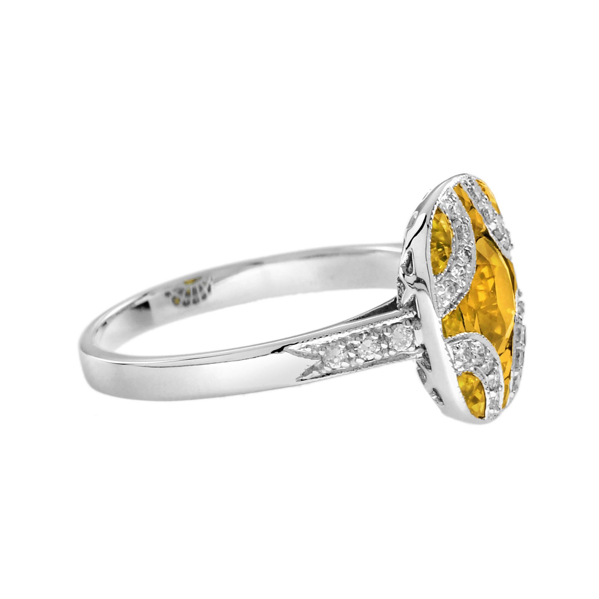 Yellow Sapphire and Diamond Art Deco Style Engagement Ring in 18K White Gold In New Condition For Sale In Bangkok, TH