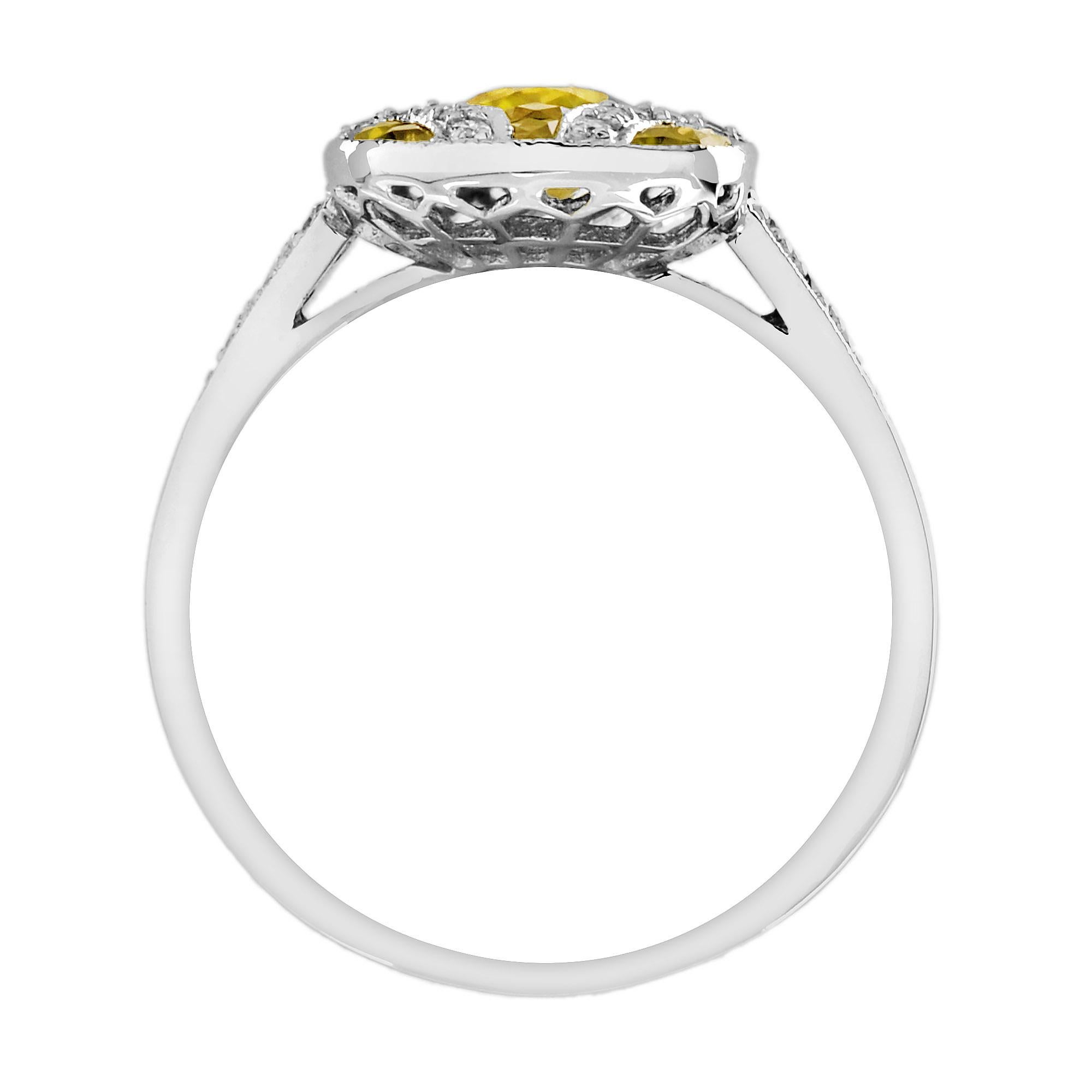 Yellow Sapphire and Diamond Art Deco Style Engagement Ring in 18K White Gold For Sale 1