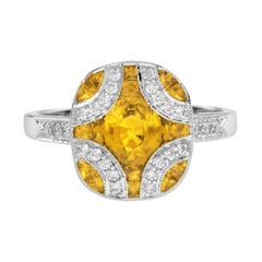Anello di fidanzamento in stile Art Déco con zaffiro giallo e diamante in oro bianco 18 carati