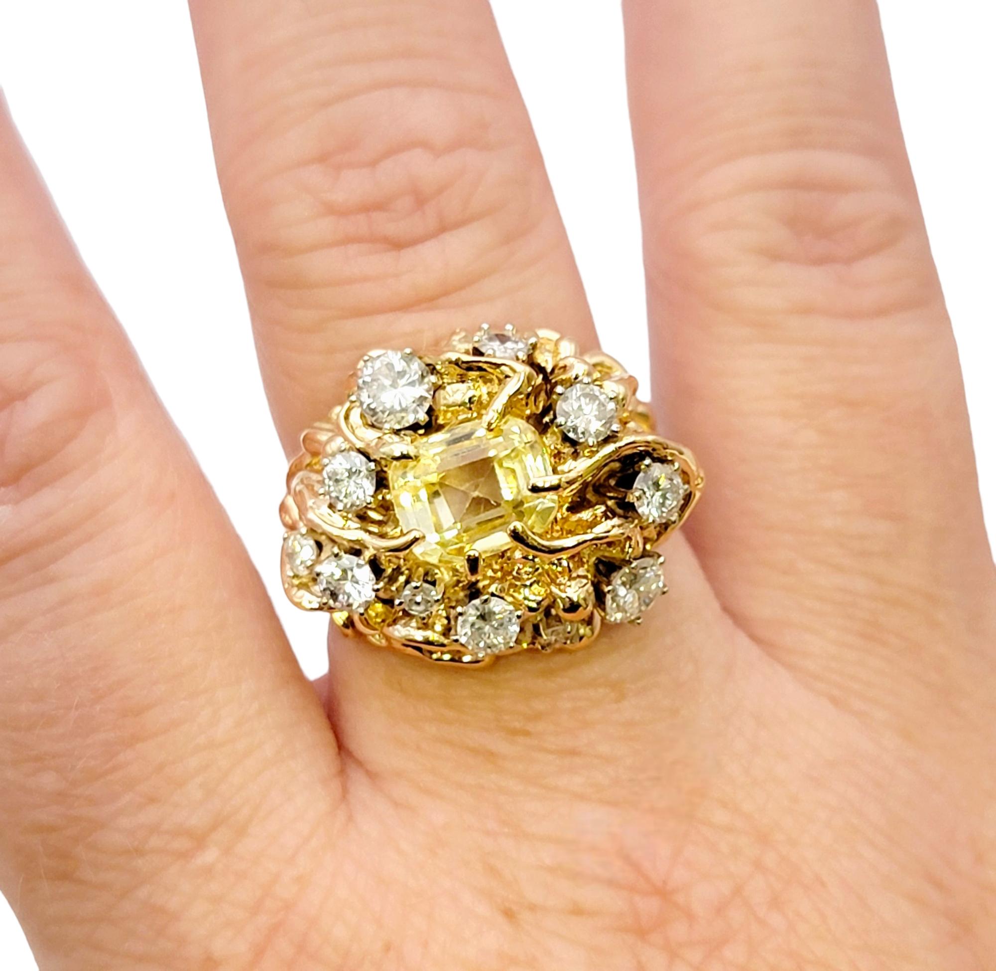 Yellow Sapphire and Diamond Cluster Brutalist Style Ring in 14 Karat Yellow Gold For Sale 2