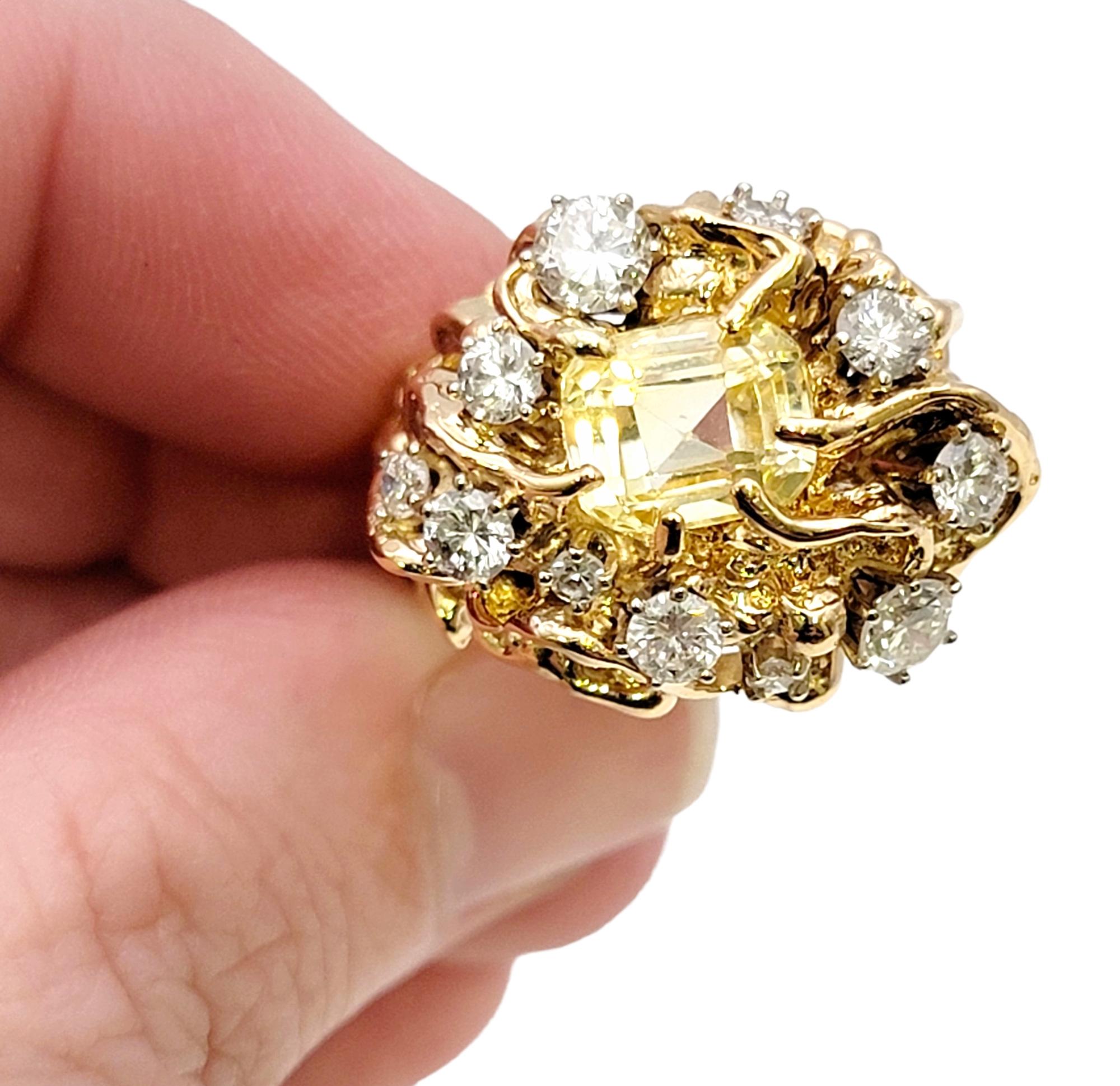 Yellow Sapphire and Diamond Cluster Brutalist Style Ring in 14 Karat Yellow Gold For Sale 3