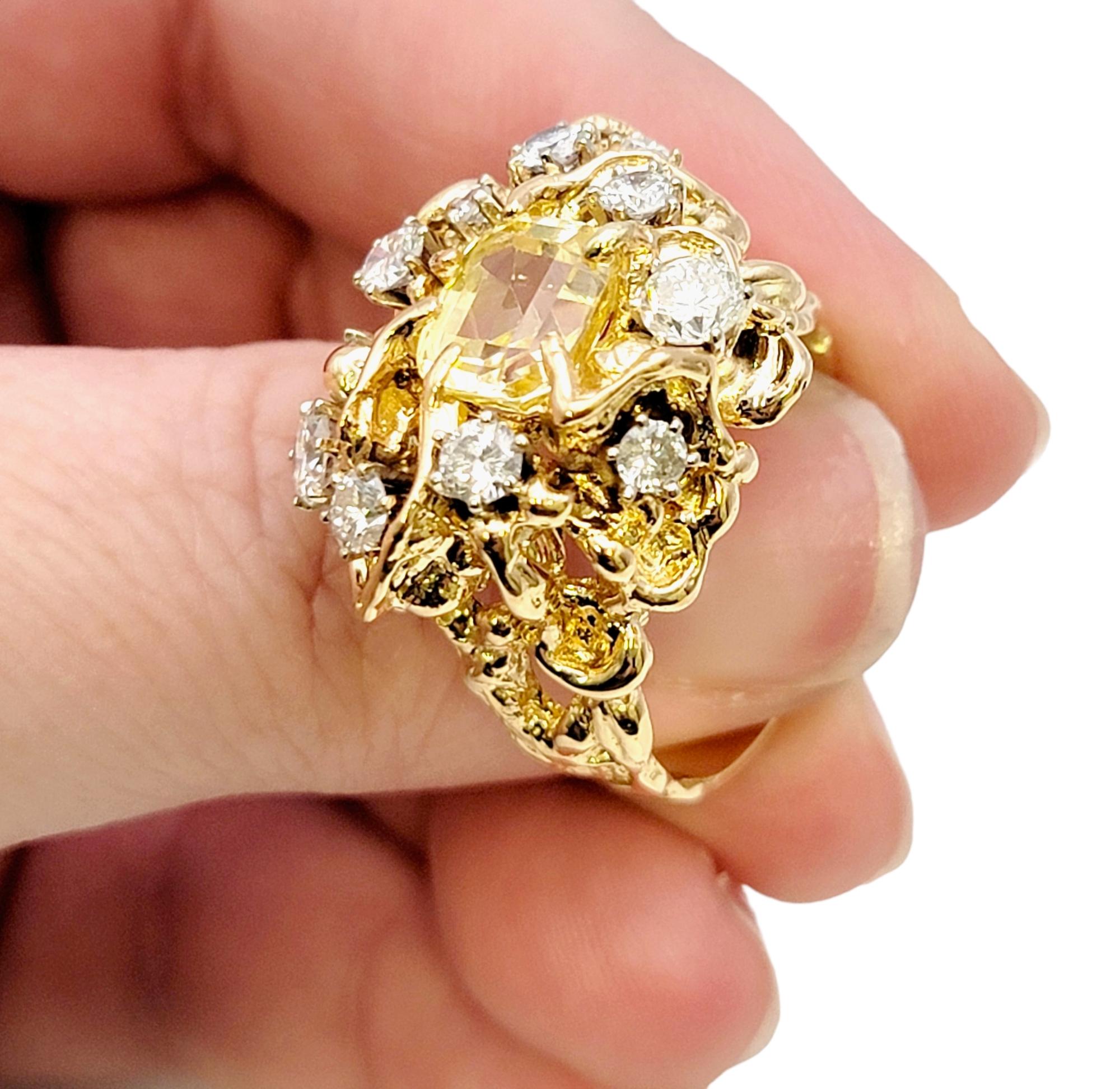 Yellow Sapphire and Diamond Cluster Brutalist Style Ring in 14 Karat Yellow Gold For Sale 4