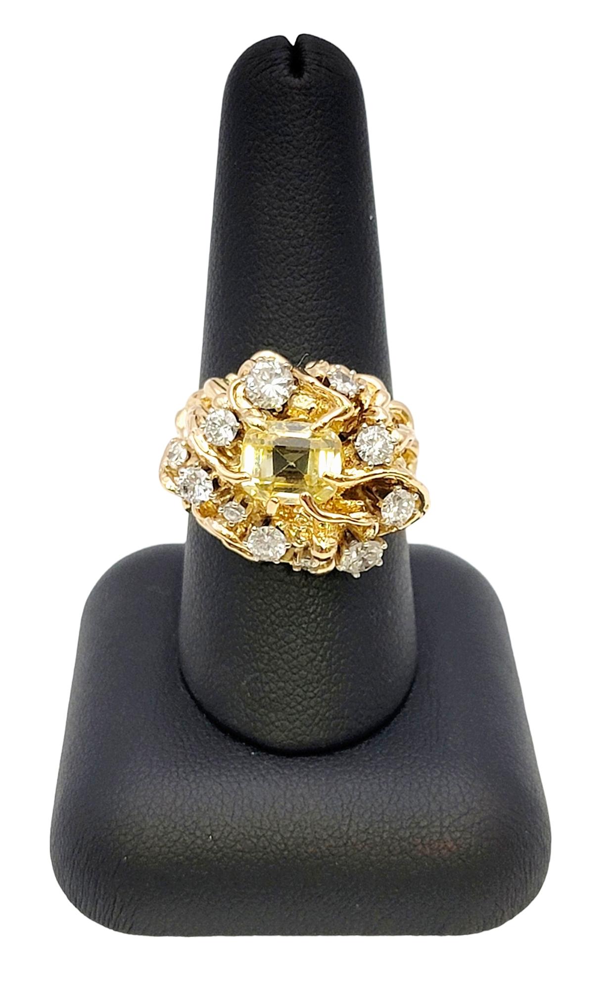 Yellow Sapphire and Diamond Cluster Brutalist Style Ring in 14 Karat Yellow Gold For Sale 5