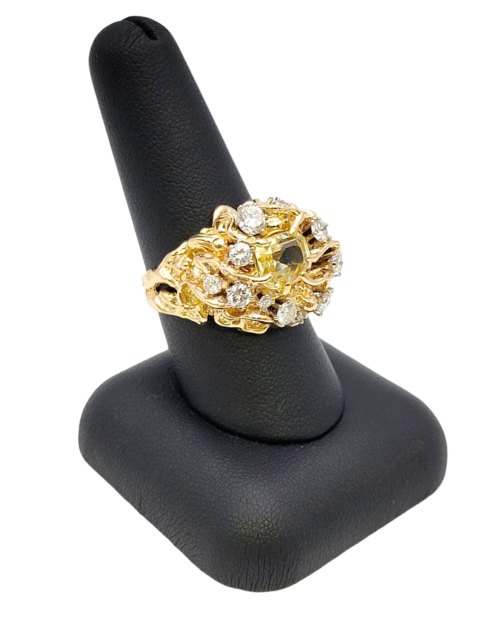 Yellow Sapphire and Diamond Cluster Brutalist Style Ring in 14 Karat Yellow Gold For Sale 6