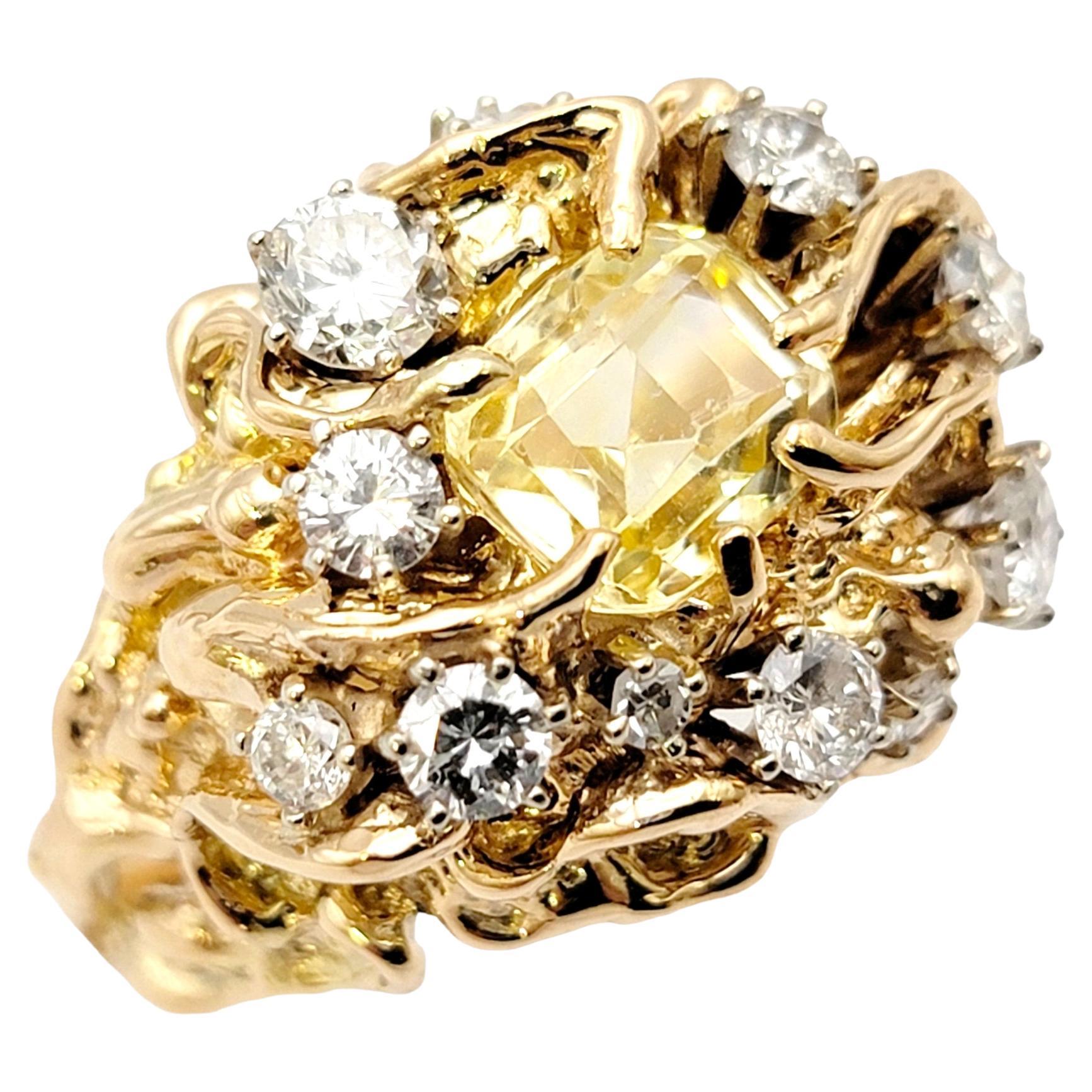 Ring size: 8.75

Shown here is an absolutely fabulous gold cocktail ring bursting with sparkle! The unique design fills the finger from edge to edge with massive shine. 

This stunning ring features a single 2.83 carat radiant cut light yellow