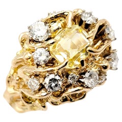 Yellow Sapphire and Diamond Cluster Brutalist Style Ring in 14 Karat Yellow Gold