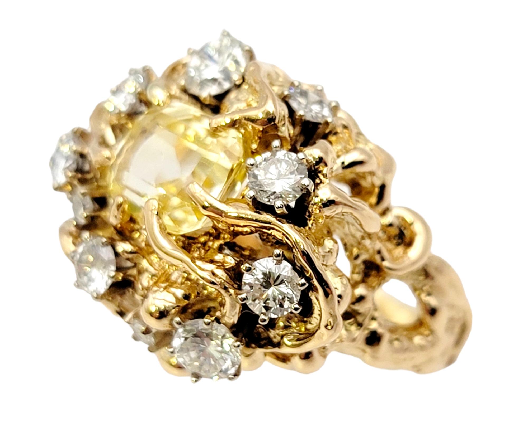 Contemporary Yellow Sapphire and Diamond Cluster Brutalist Style Ring in 14 Karat Yellow Gold For Sale