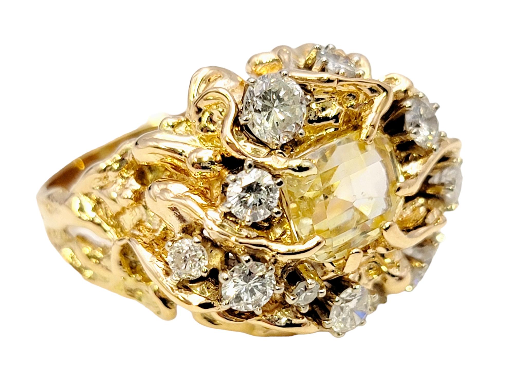 Radiant Cut Yellow Sapphire and Diamond Cluster Brutalist Style Ring in 14 Karat Yellow Gold For Sale