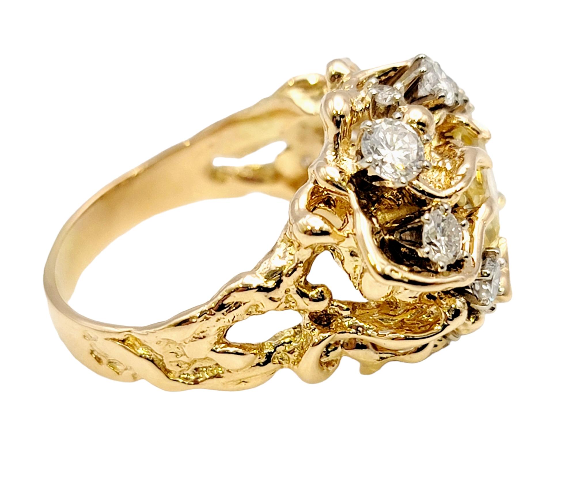 Yellow Sapphire and Diamond Cluster Brutalist Style Ring in 14 Karat Yellow Gold In Good Condition For Sale In Scottsdale, AZ