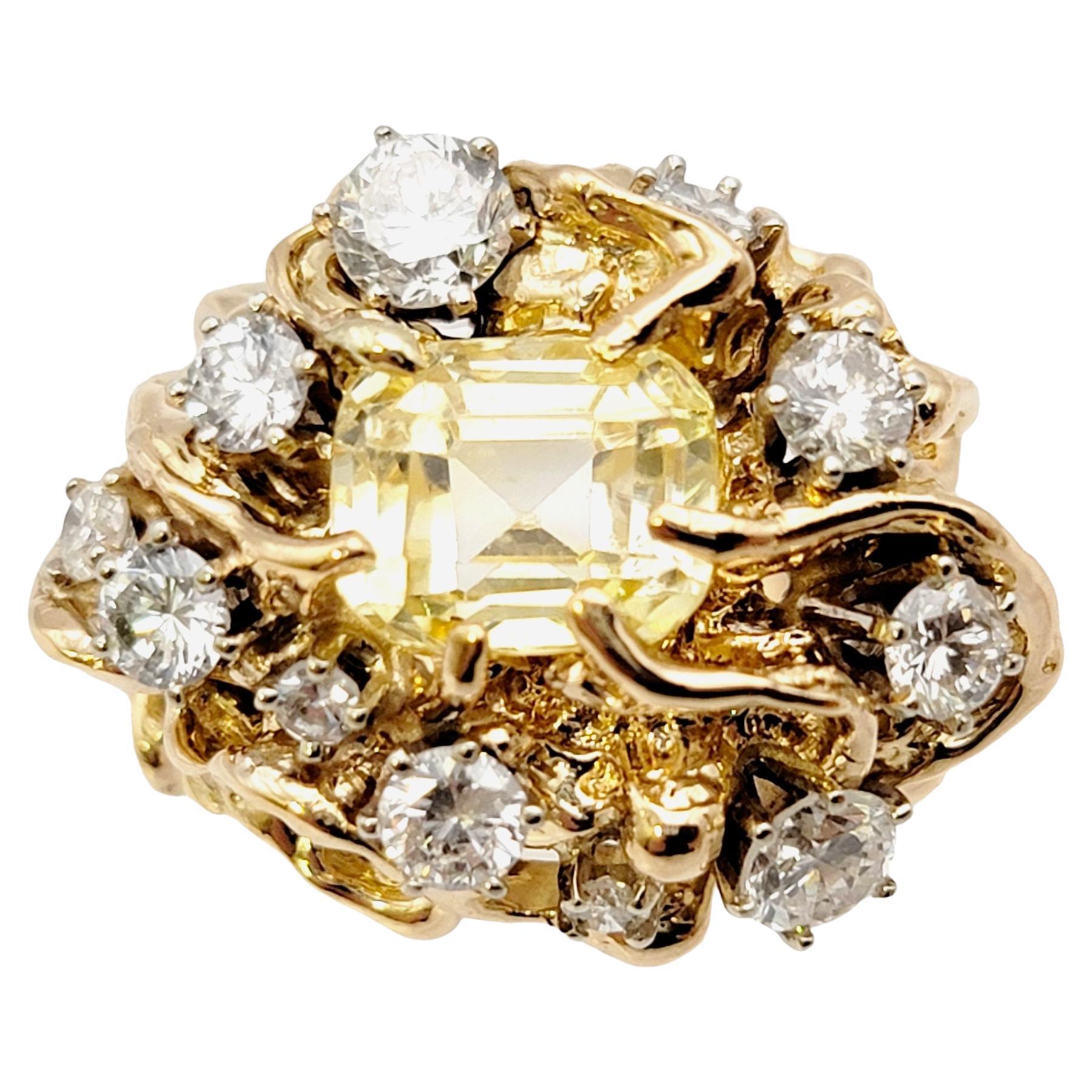 Yellow Sapphire and Diamond Cluster Brutalist Style Ring in 14 Karat Yellow Gold For Sale