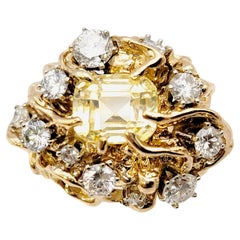 Vintage Yellow Sapphire and Diamond Cluster Brutalist Style Ring in 14 Karat Yellow Gold