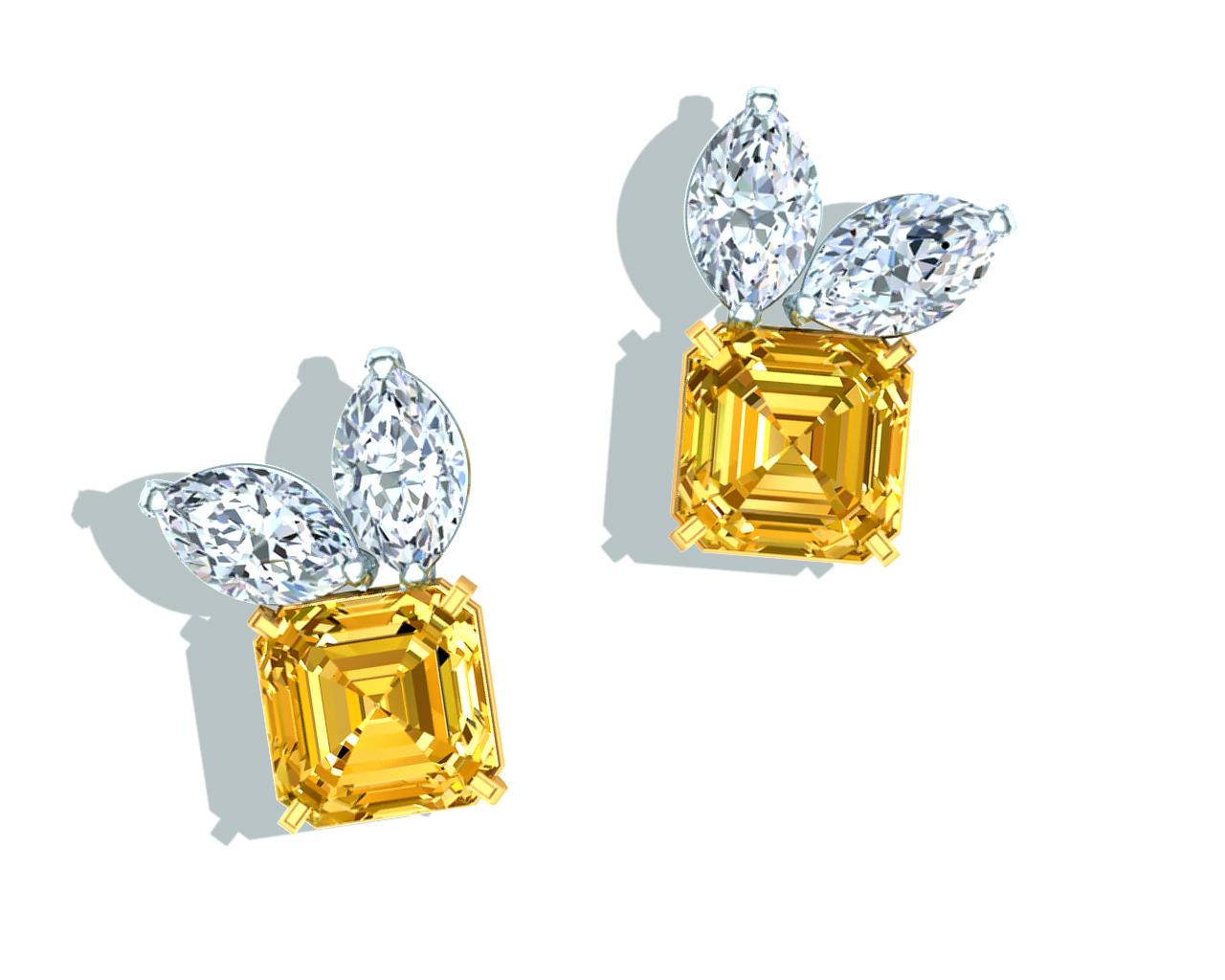 A rare display of intense yellow color and clarity is shown in this rare and beautiful pair of earrings.  Each stone is just over 1 carat and is Asscher cut to truly show the beauty and simplicity of this stone.  The center stone is paired with two