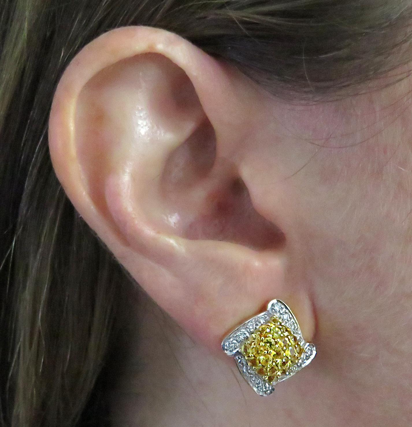 Round Cut Yellow Sapphire and Diamond Earrings