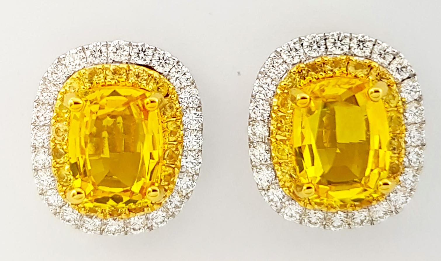 Contemporary Yellow Sapphire and Diamond Earrings set in 18K Gold/White Gold Settings For Sale