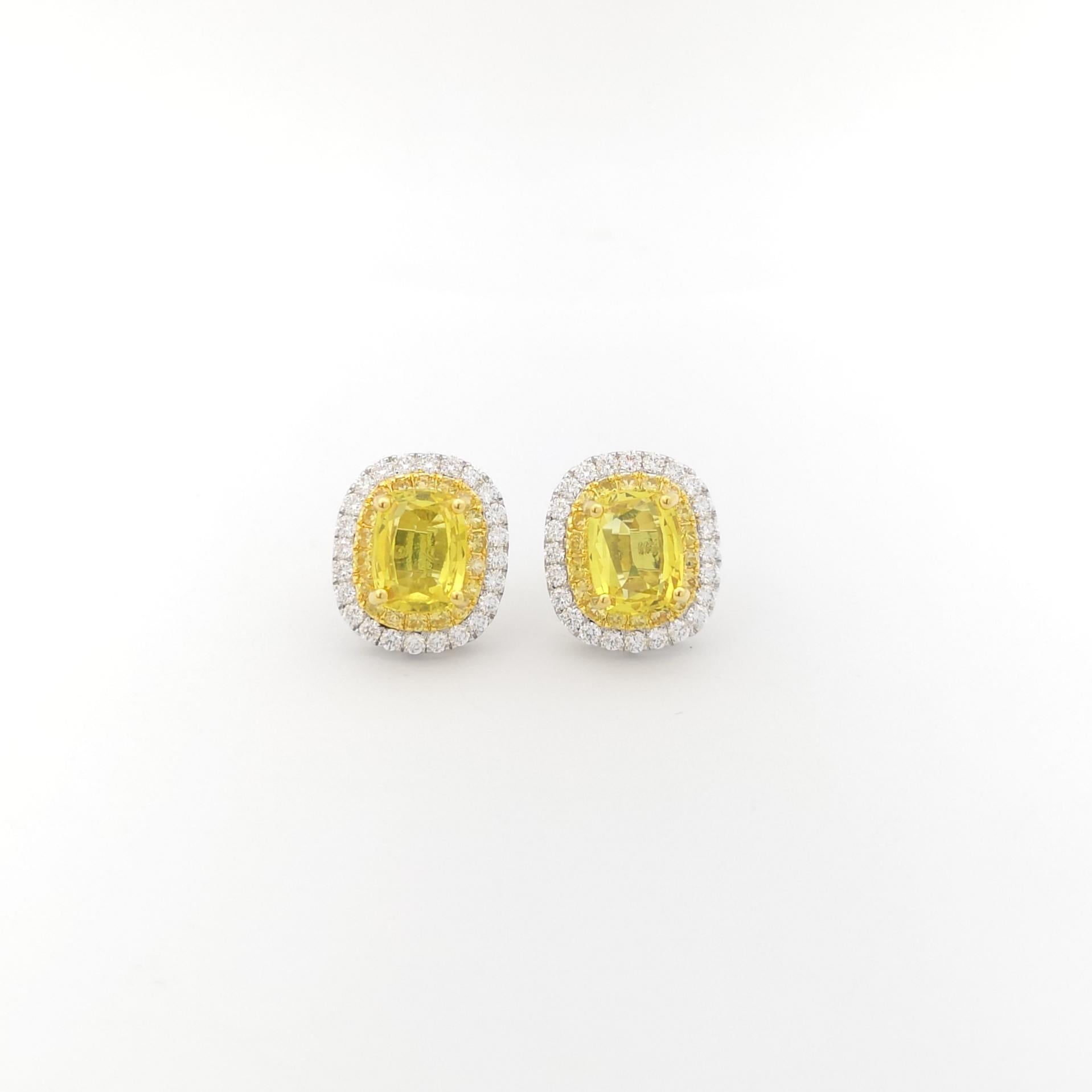 Oval Cut Yellow Sapphire and Diamond Earrings set in 18K Gold/White Gold Settings For Sale