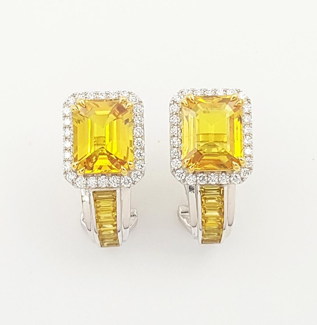 Contemporary Yellow Sapphire and Diamond Earrings set in 18K White Gold Settings For Sale