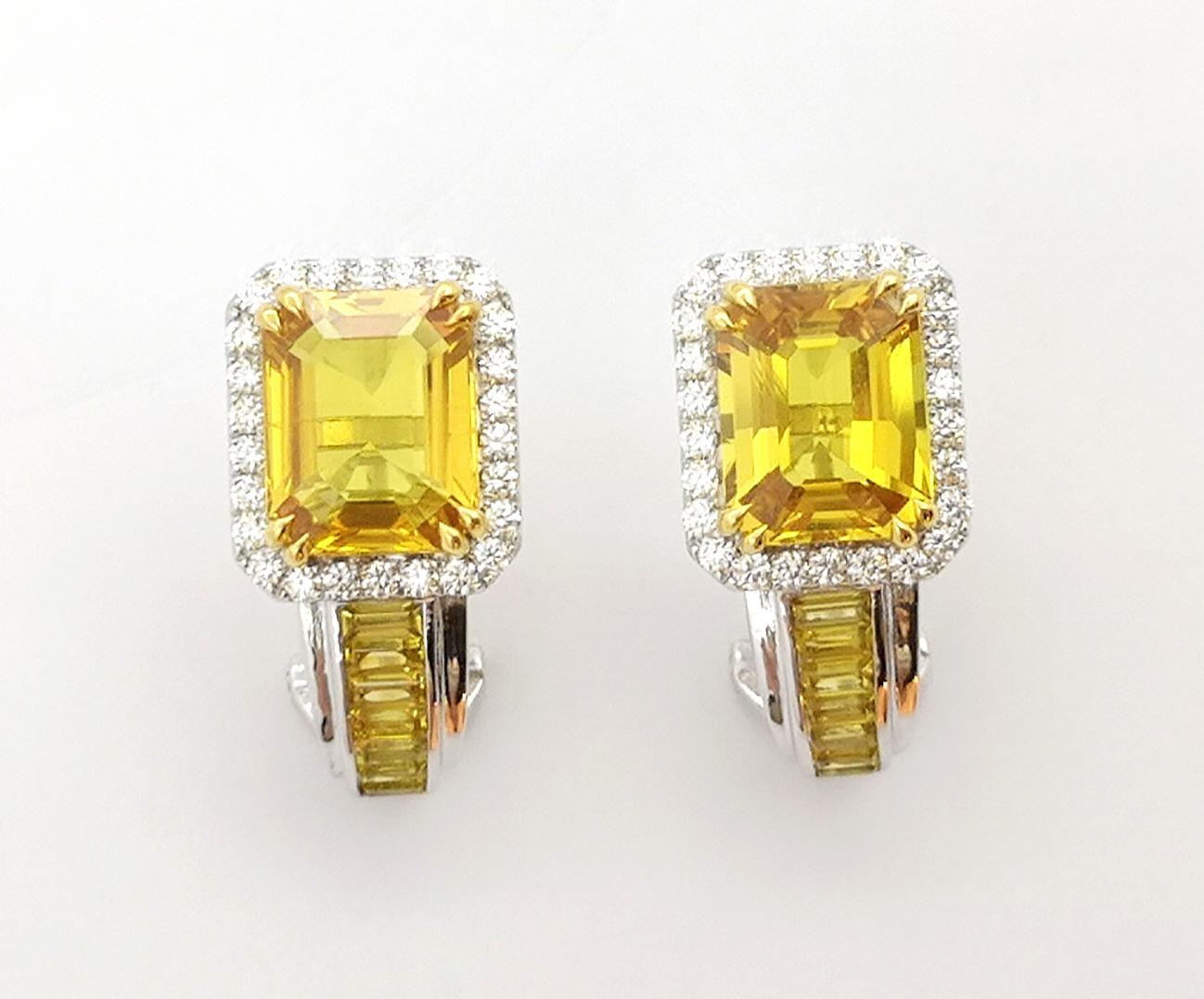 Emerald Cut Yellow Sapphire and Diamond Earrings set in 18K White Gold Settings For Sale