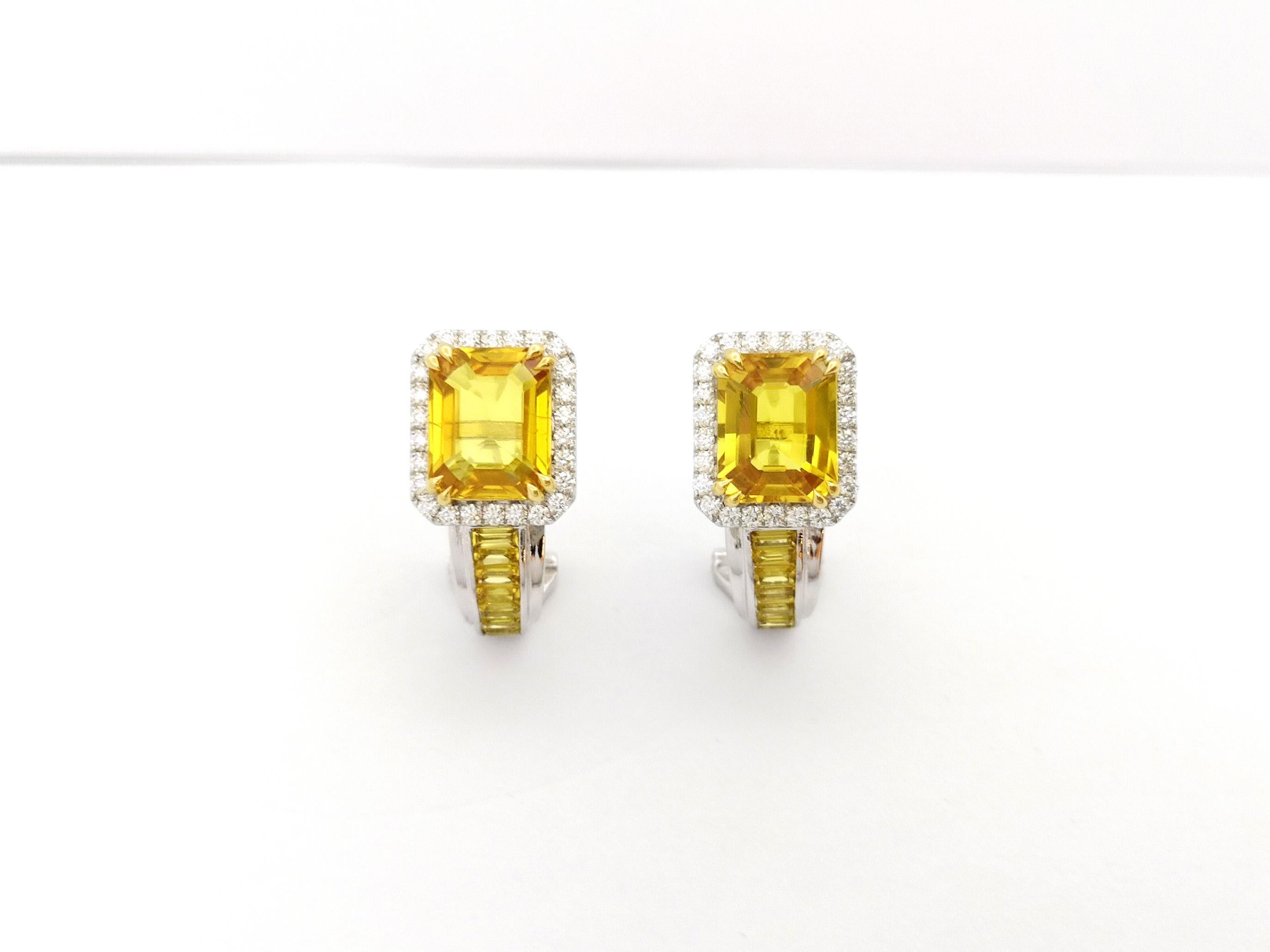 Women's Yellow Sapphire and Diamond Earrings set in 18K White Gold Settings For Sale