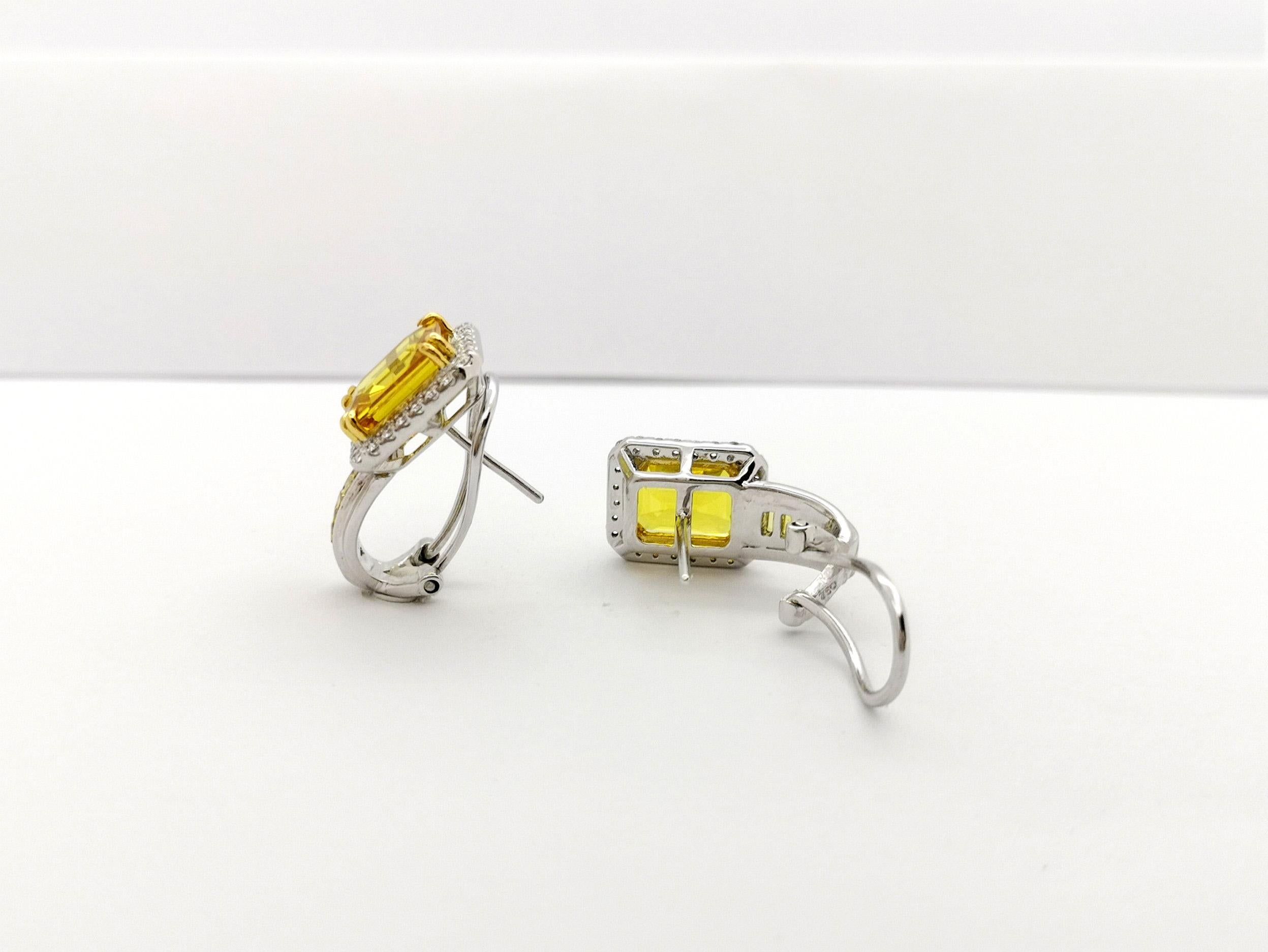 Yellow Sapphire and Diamond Earrings set in 18K White Gold Settings For Sale 3