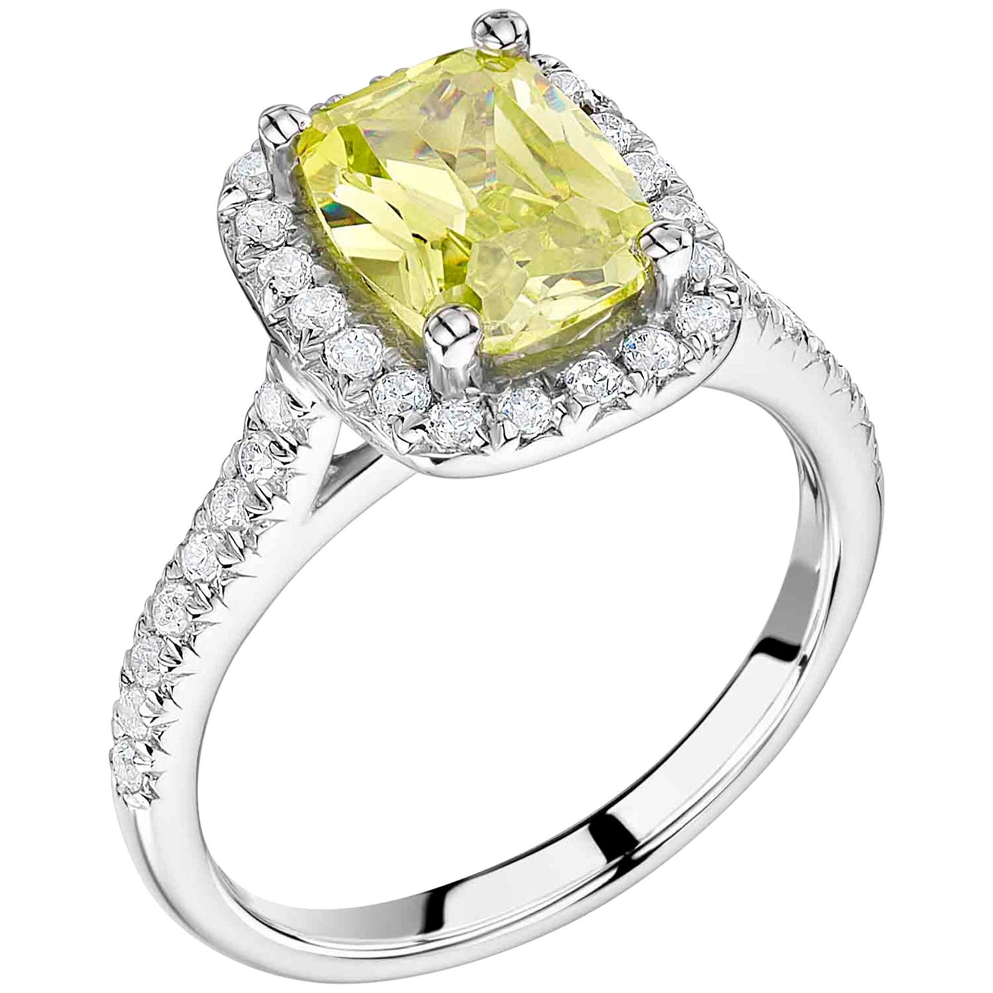 Yellow sapphires are lesser known but very attractive members of the corundum family.  Set in 18K white gold or platinum 950, the stand out brilliantly and this representative design accentuates the beauty of the centres tone with a contrasting