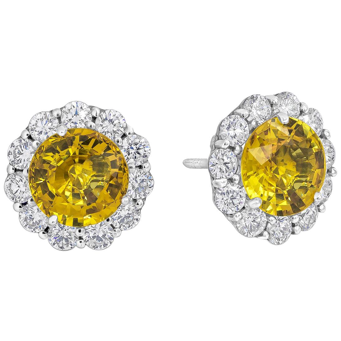 6.94 Carats Total Round Cut Yellow Sapphire and Diamond Halo Stud Earrings For Sale