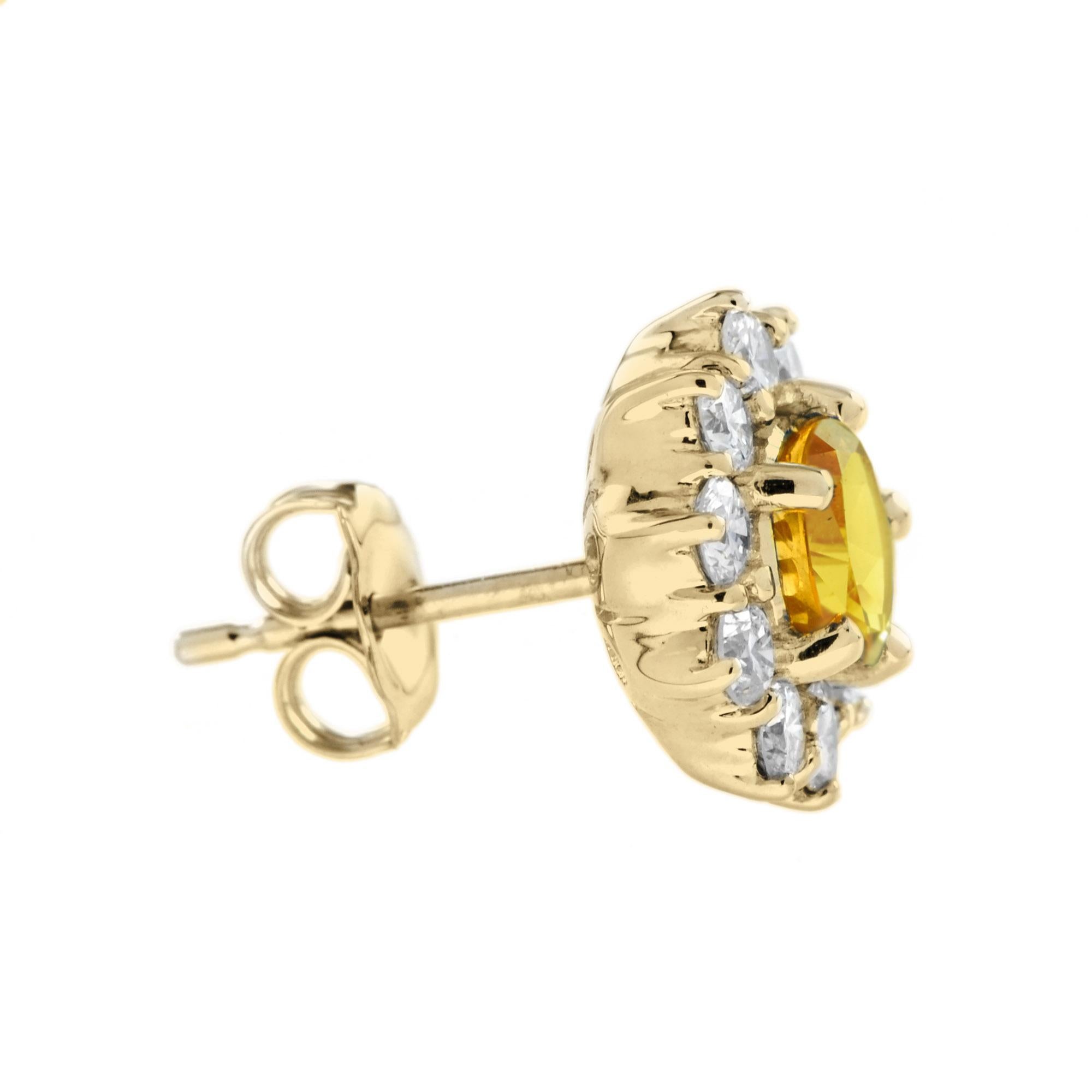Art Deco Yellow Sapphire and Diamond Halo Stud Earrings in 18K Yellow Gold For Sale