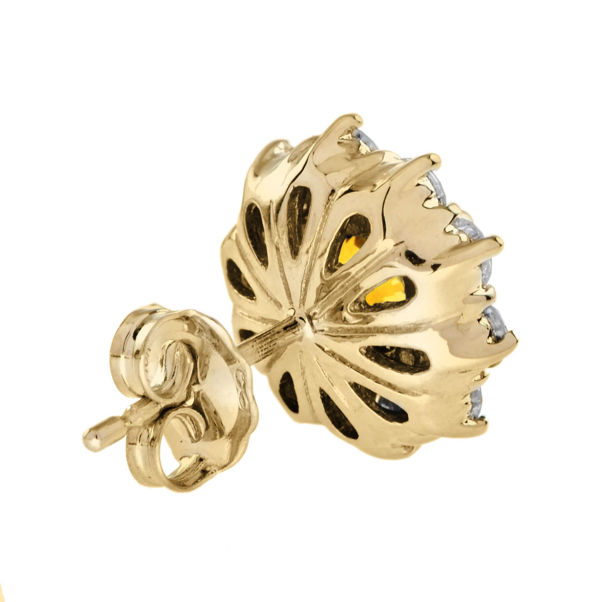 Round Cut Yellow Sapphire and Diamond Halo Stud Earrings in 18K Yellow Gold For Sale