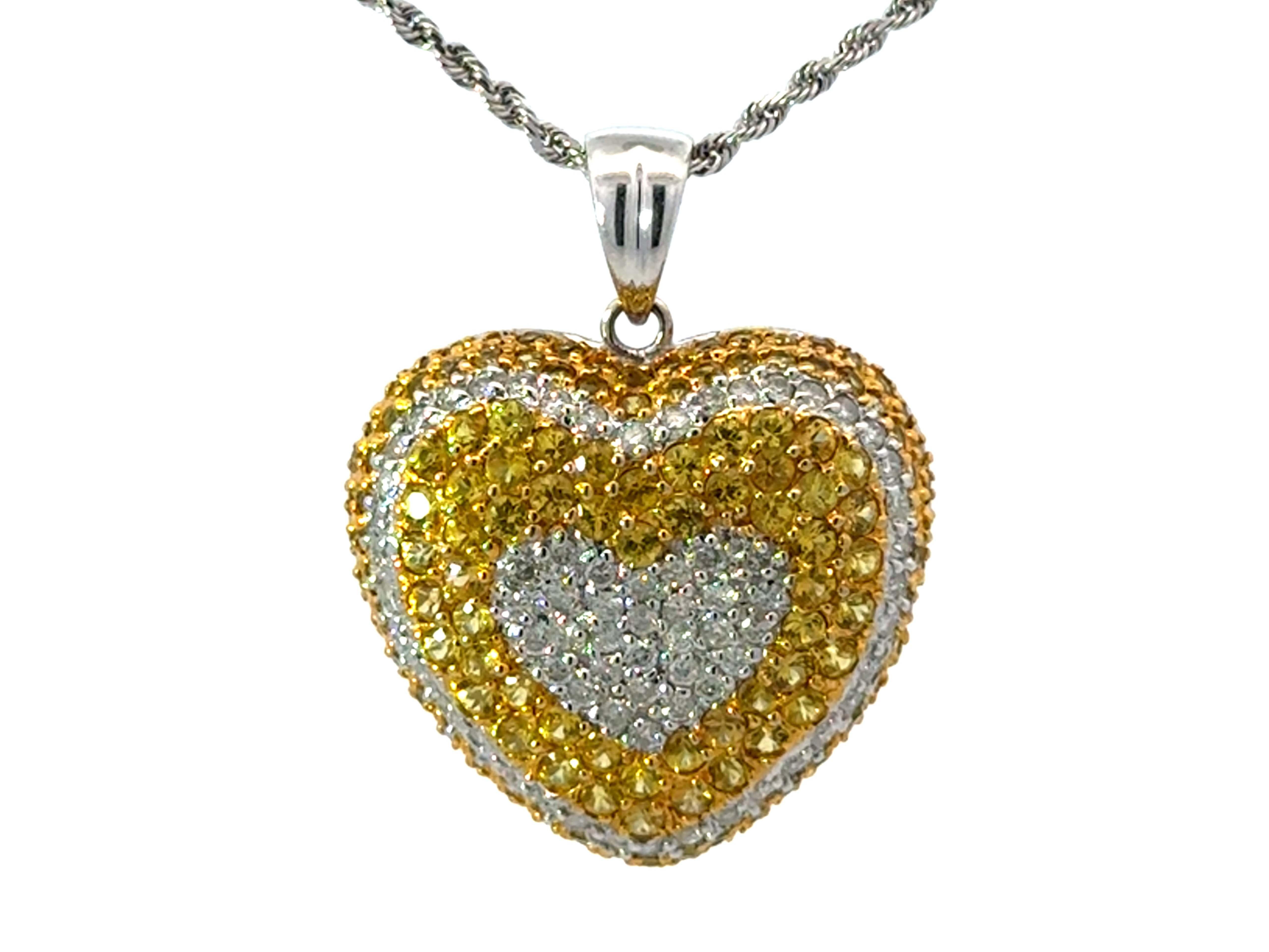 Art Nouveau Yellow Sapphire and Diamond Heart Necklace 14k White Gold For Sale