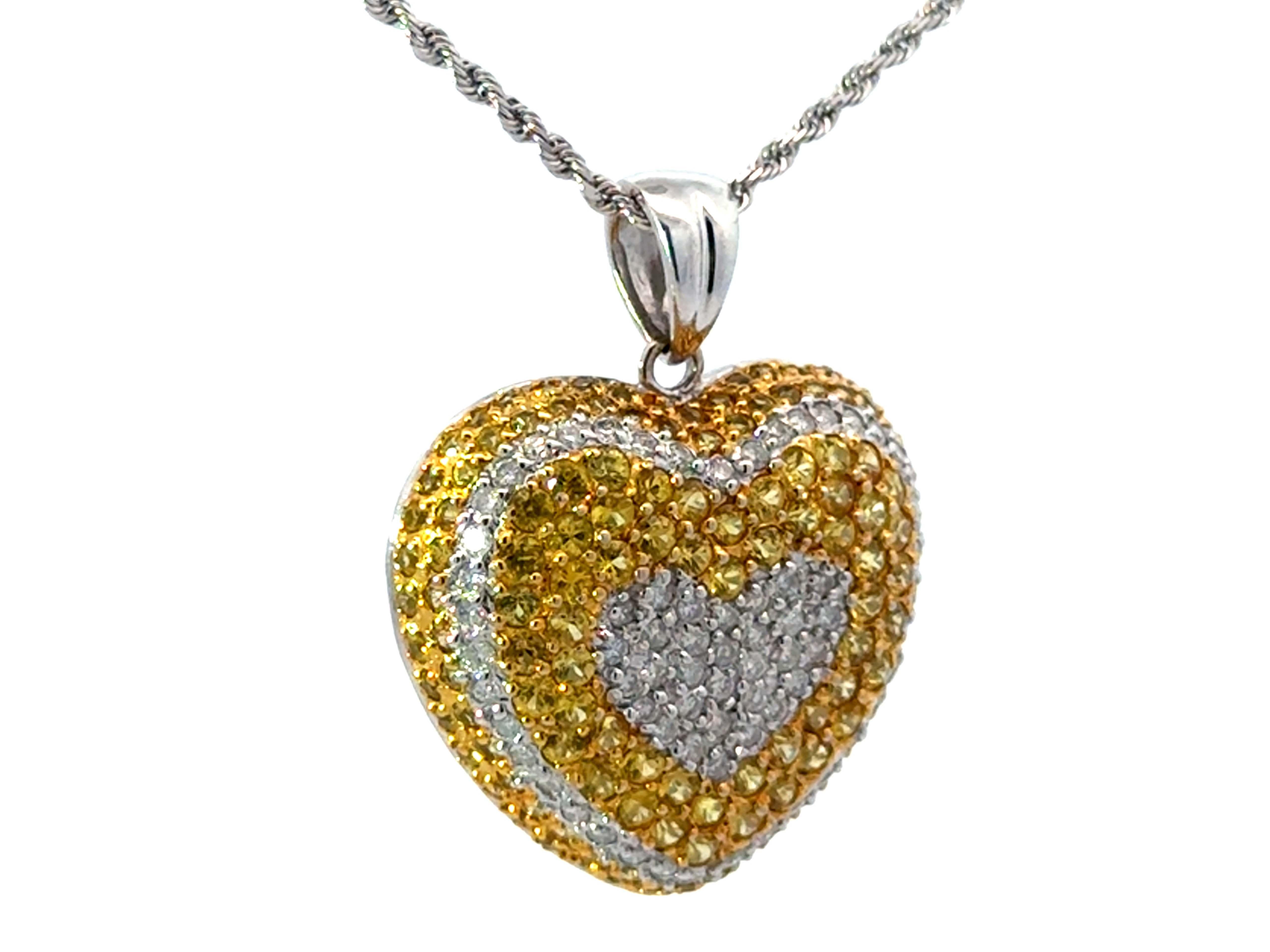 Round Cut Yellow Sapphire and Diamond Heart Necklace 14k White Gold For Sale