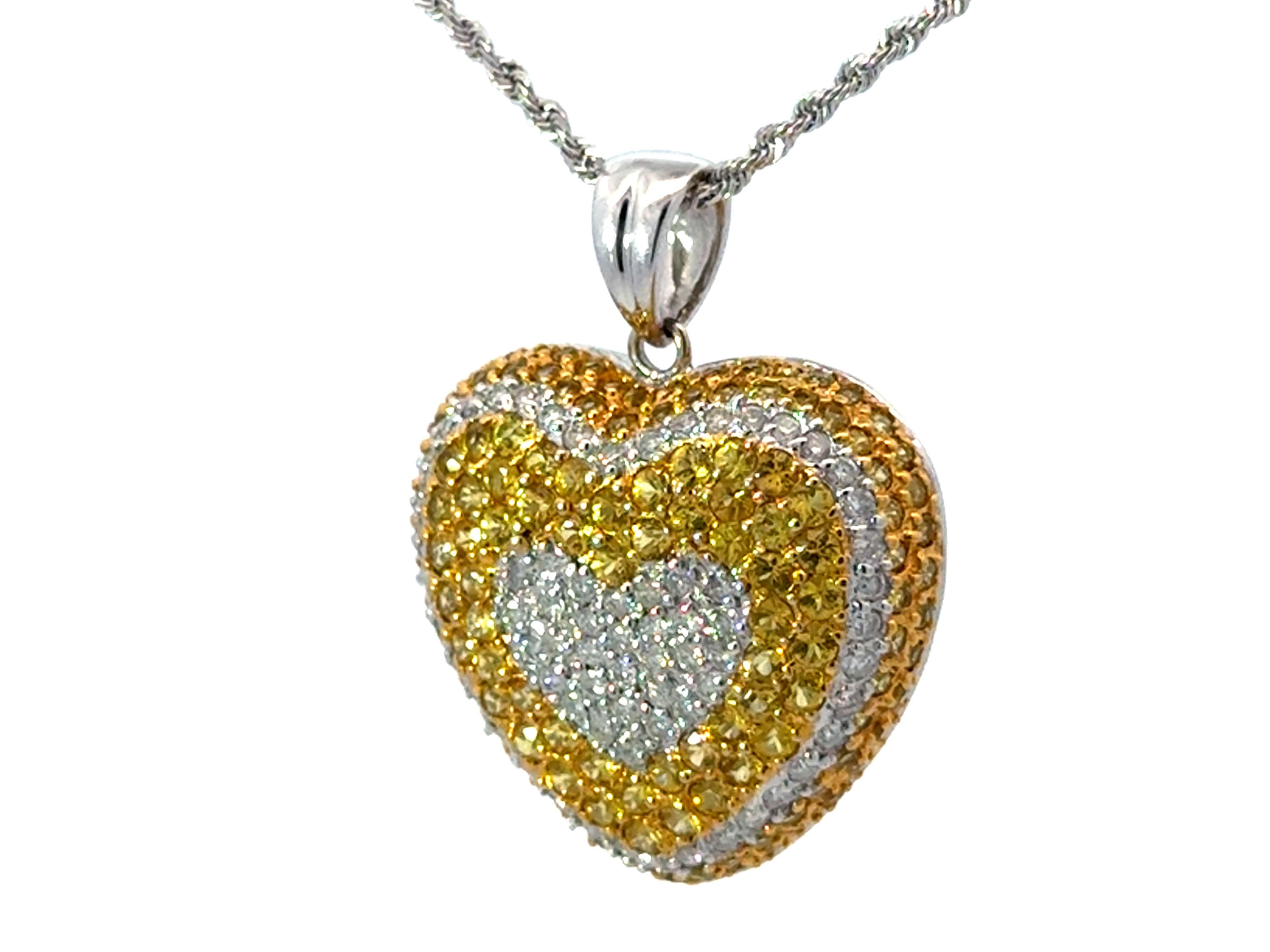 Yellow Sapphire and Diamond Heart Necklace 14k White Gold In Excellent Condition For Sale In Honolulu, HI