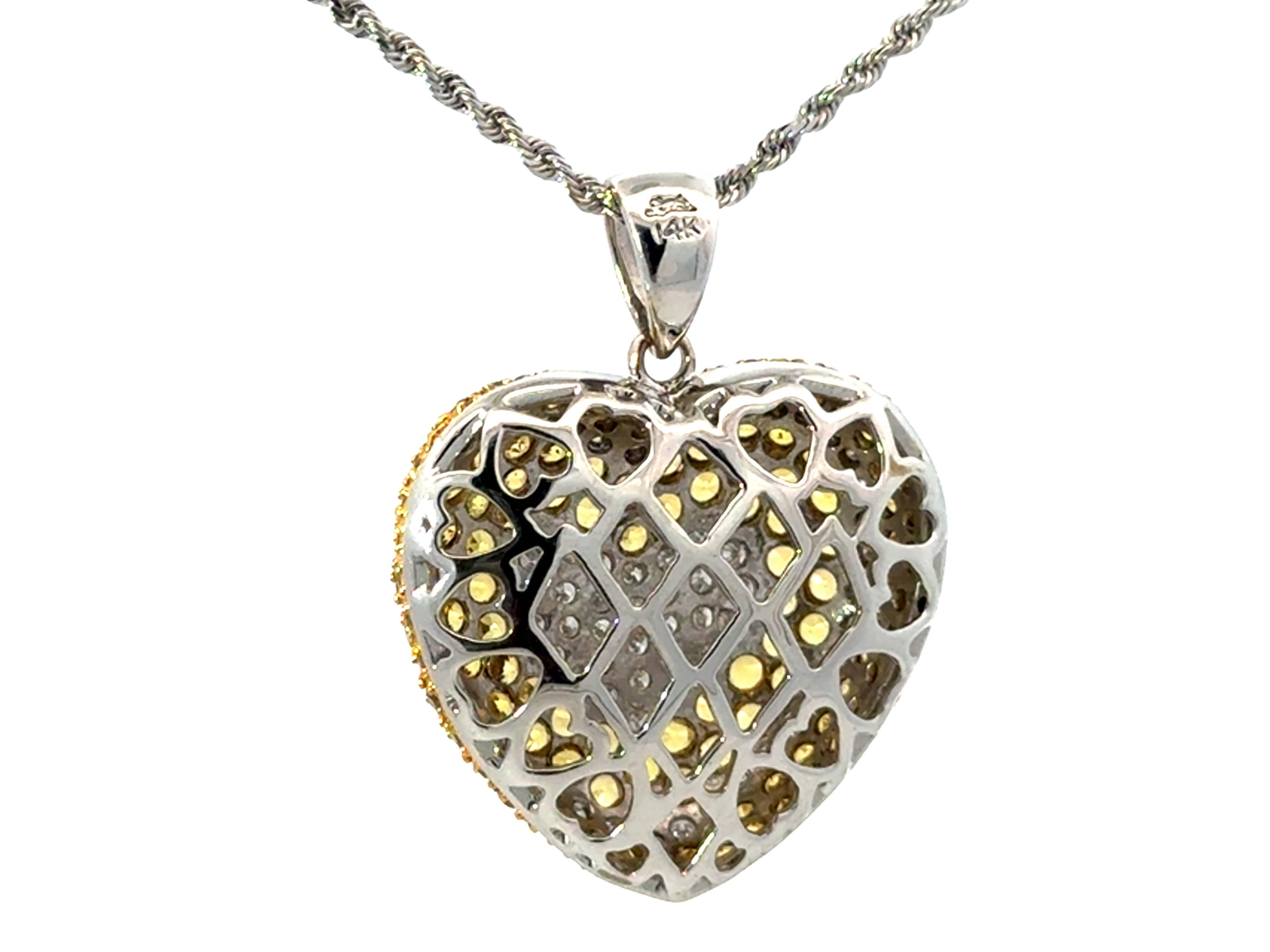 Yellow Sapphire and Diamond Heart Necklace 14k White Gold For Sale 2