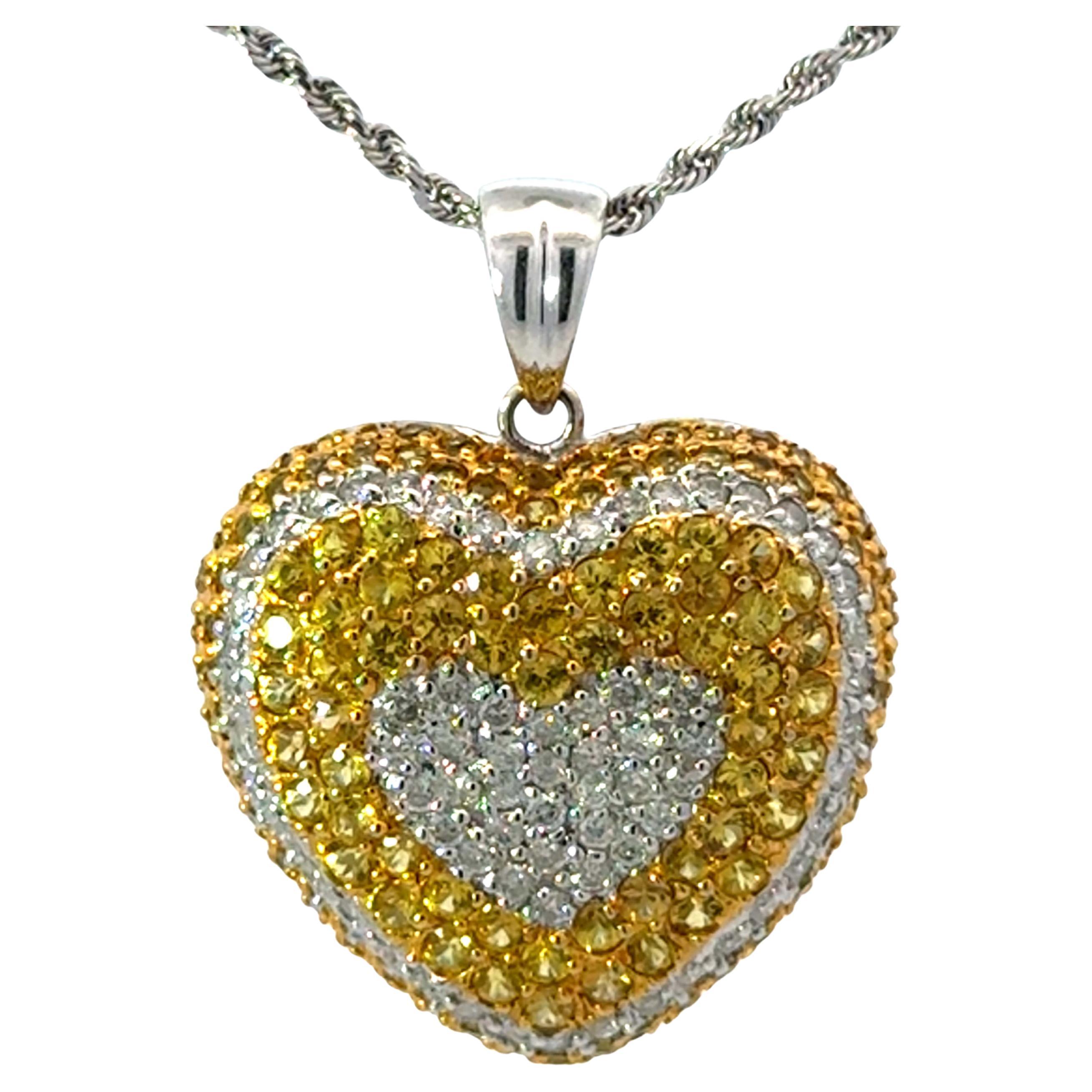 Yellow Sapphire and Diamond Heart Necklace 14k White Gold