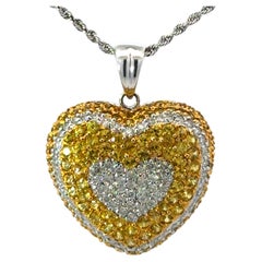 Antique Yellow Sapphire and Diamond Heart Necklace 14k White Gold