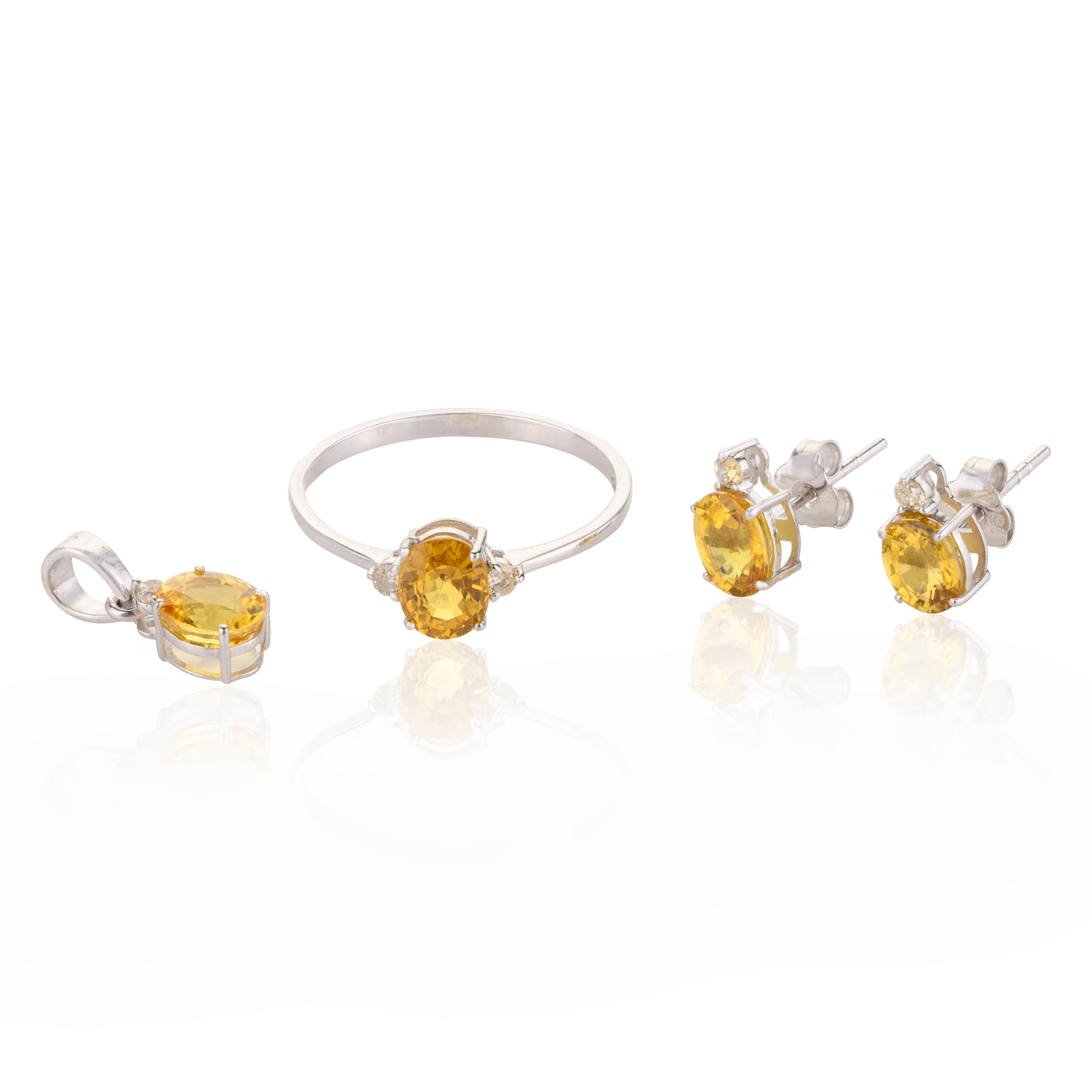 For Sale:  Yellow Sapphire and Diamond Pendant, Ring and Earrings Set in 18k White Gold 13