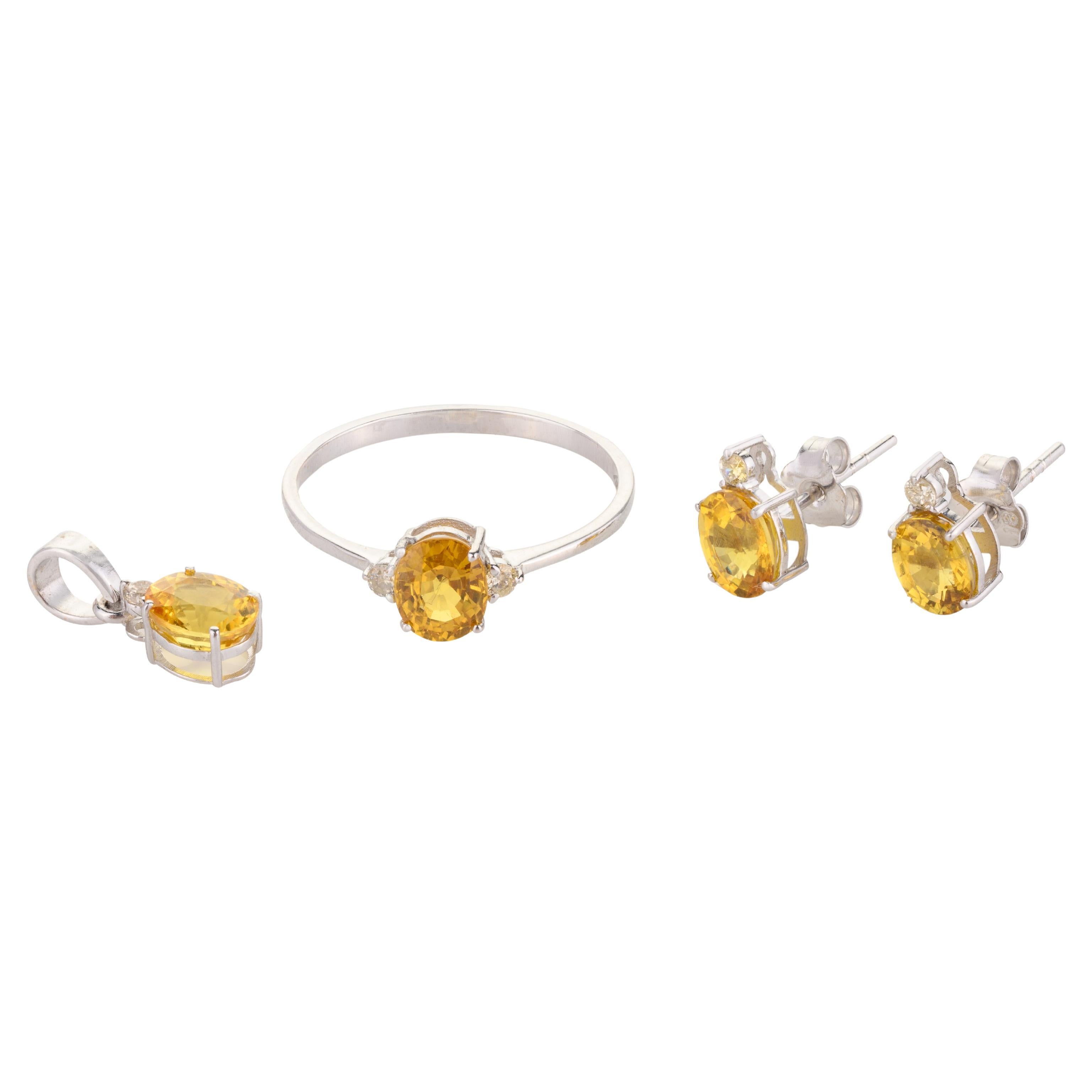 For Sale:  Yellow Sapphire and Diamond Pendant, Ring and Earrings Set in 18k White Gold