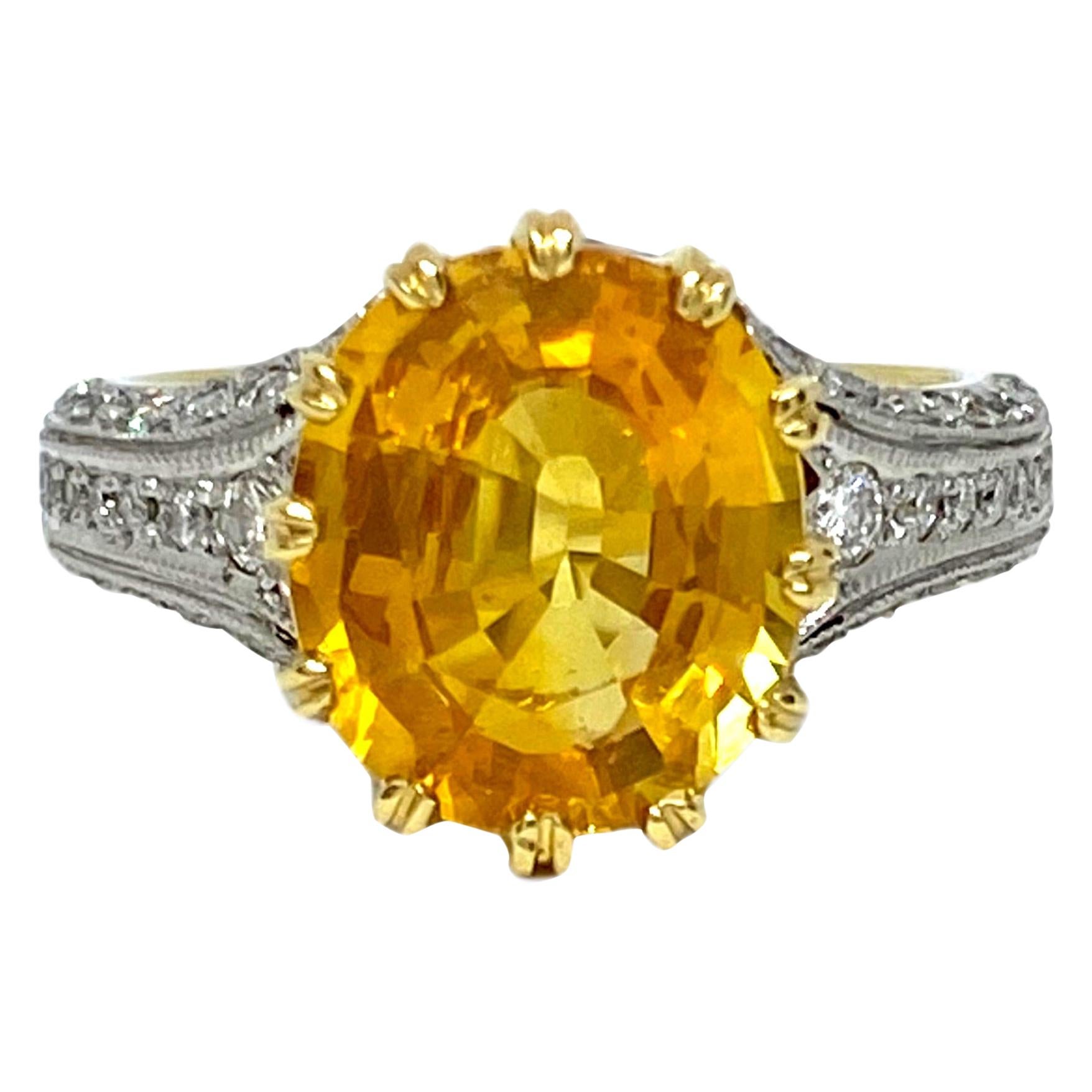 Yellow Sapphire and Diamond Platinum Handmade Ring For Sale
