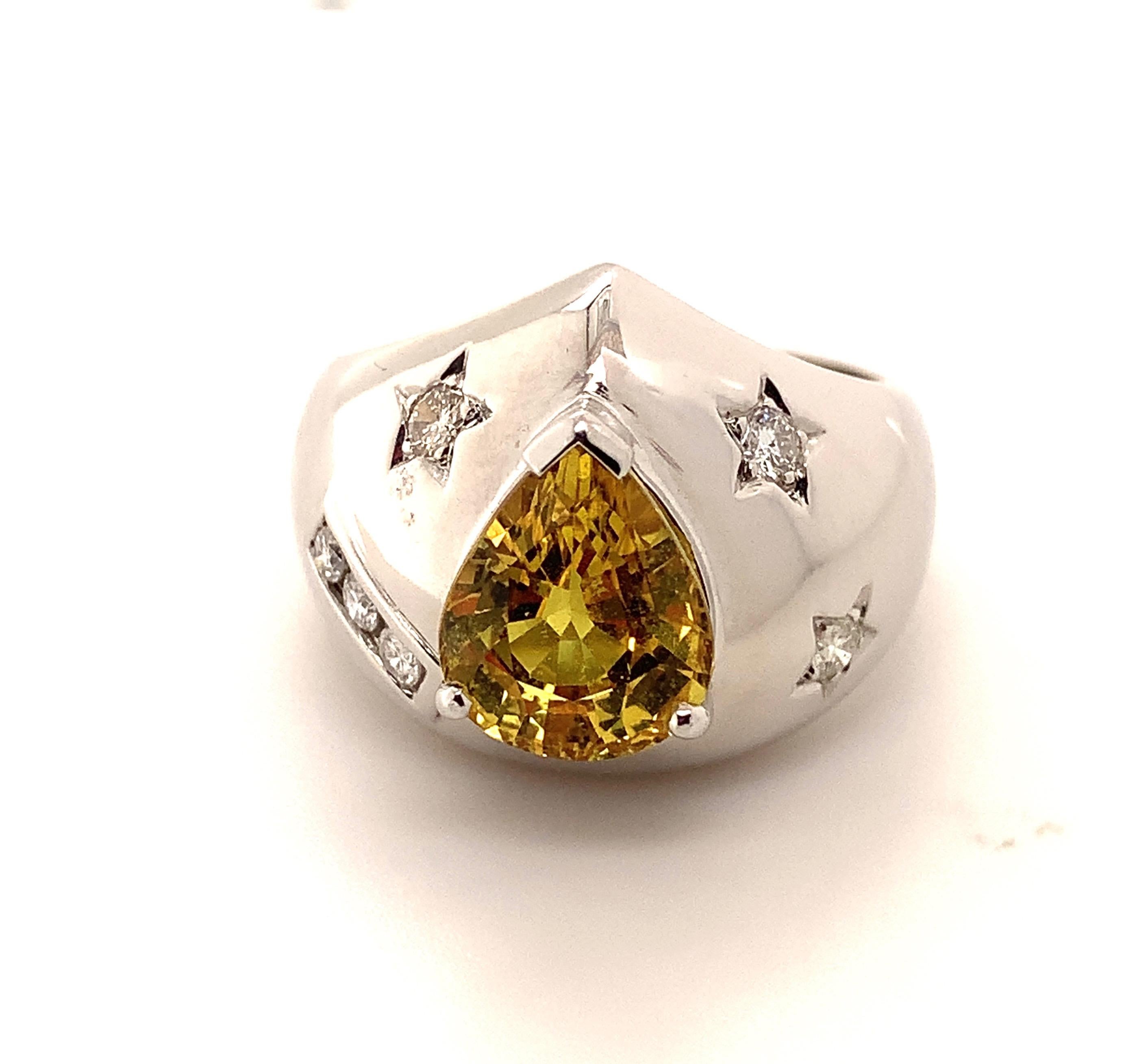 Contemporary Yellow Sapphire and Diamond Ring in 18 Karat White Gold