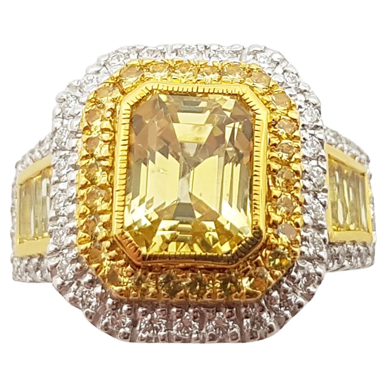Yellow Sapphire and Diamond Ring Set in 18 Karat White Gold Settings For Sale