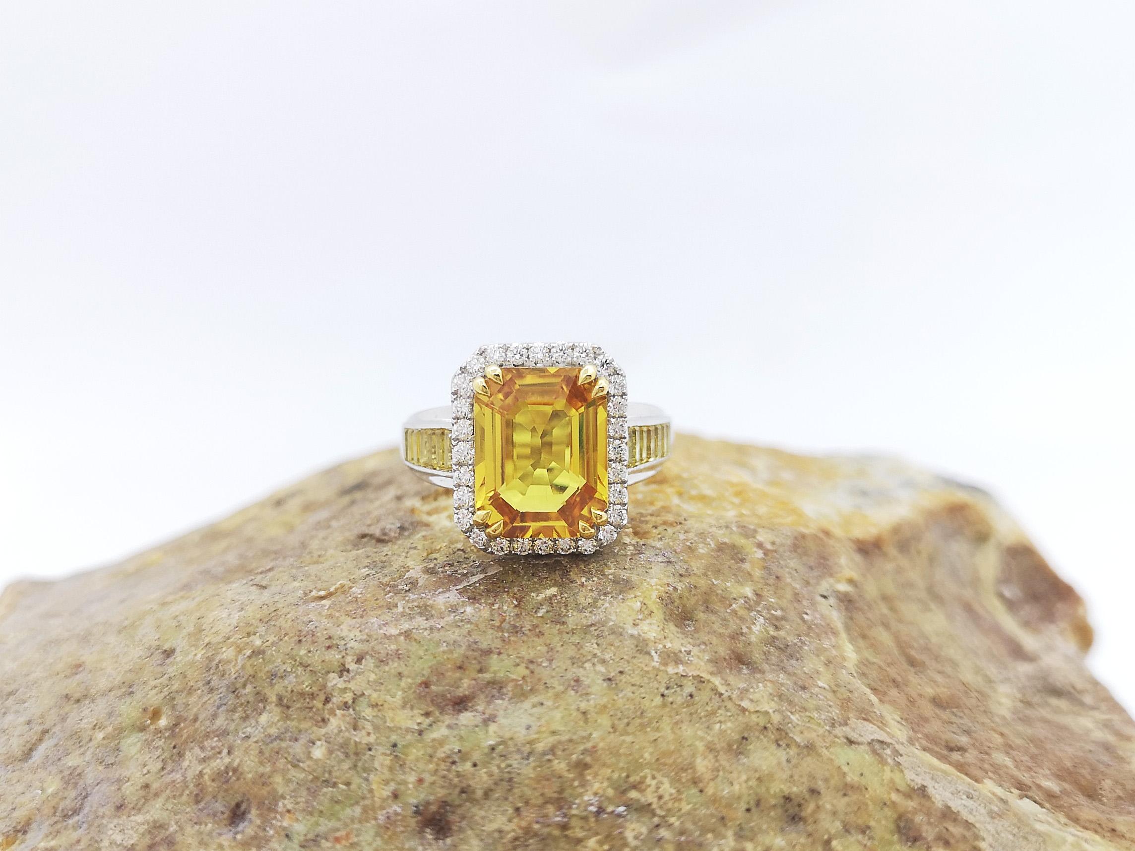 Yellow Sapphire and Diamond Ring set in 18K White Gold Settings For Sale 7