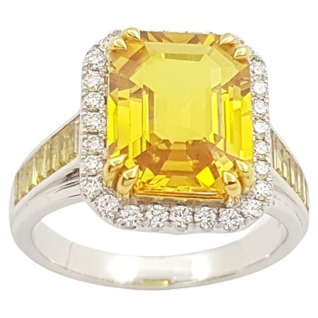 Yellow Sapphire and Diamond Ring set in 18K White Gold Settings For Sale