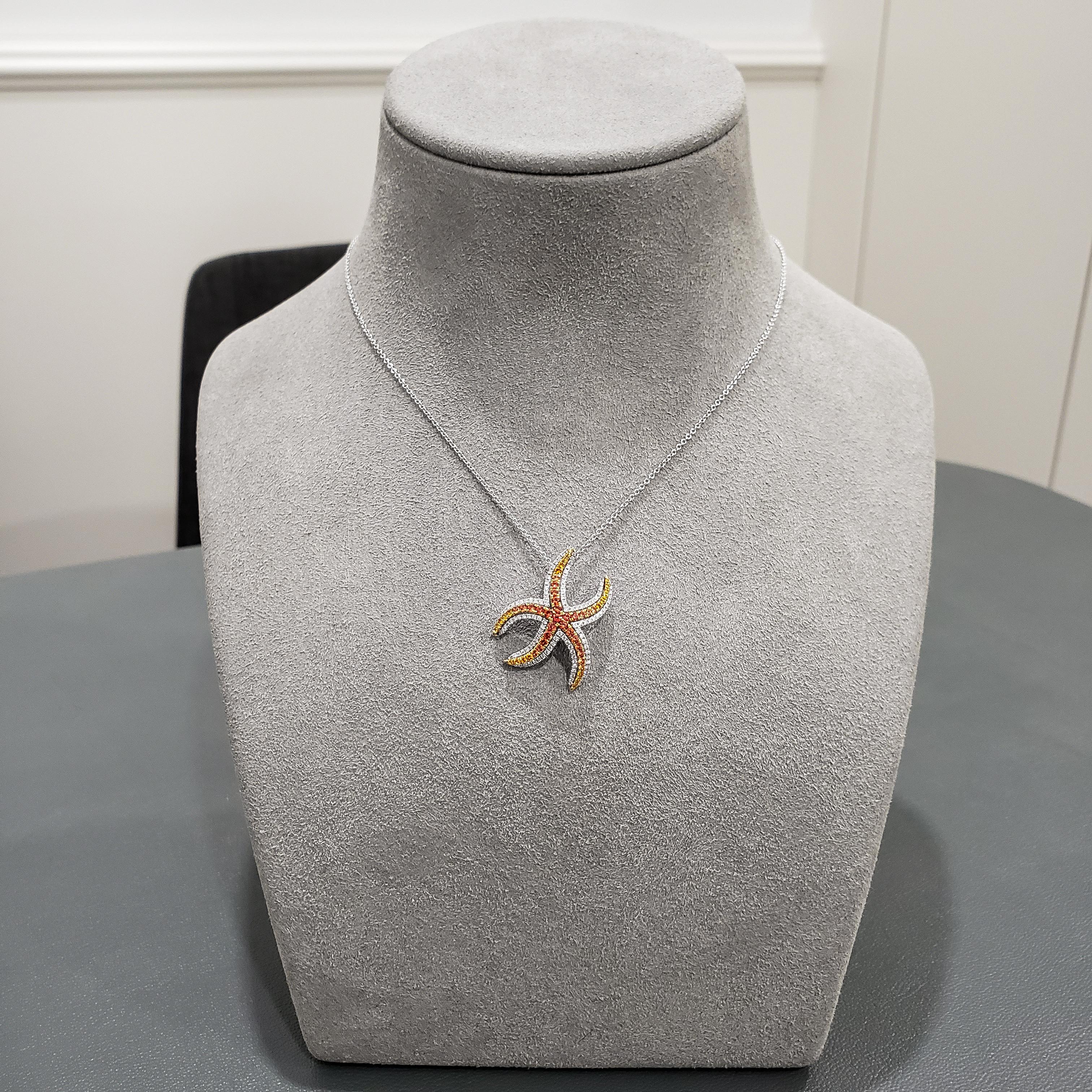 A starfish shaped pendant set with 0.68 carats total of yellow sapphire, accented with round brilliant diamonds. Diamonds weigh 0.35 carats total. Made in 18 karat white gold. Suspended on an 18 inch chain (adjustable upon request).

