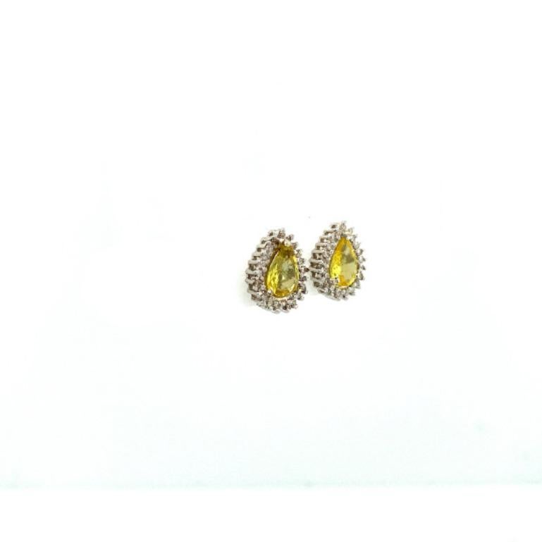Modern Pear Cut Yellow Sapphire Halo Diamond Stud Earrings in Sterling Silver For Sale