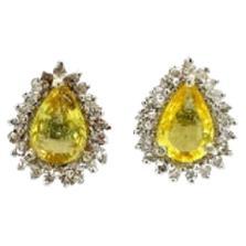 Pear Cut Yellow Sapphire Halo Diamond Stud Earrings in Sterling Silver For Sale