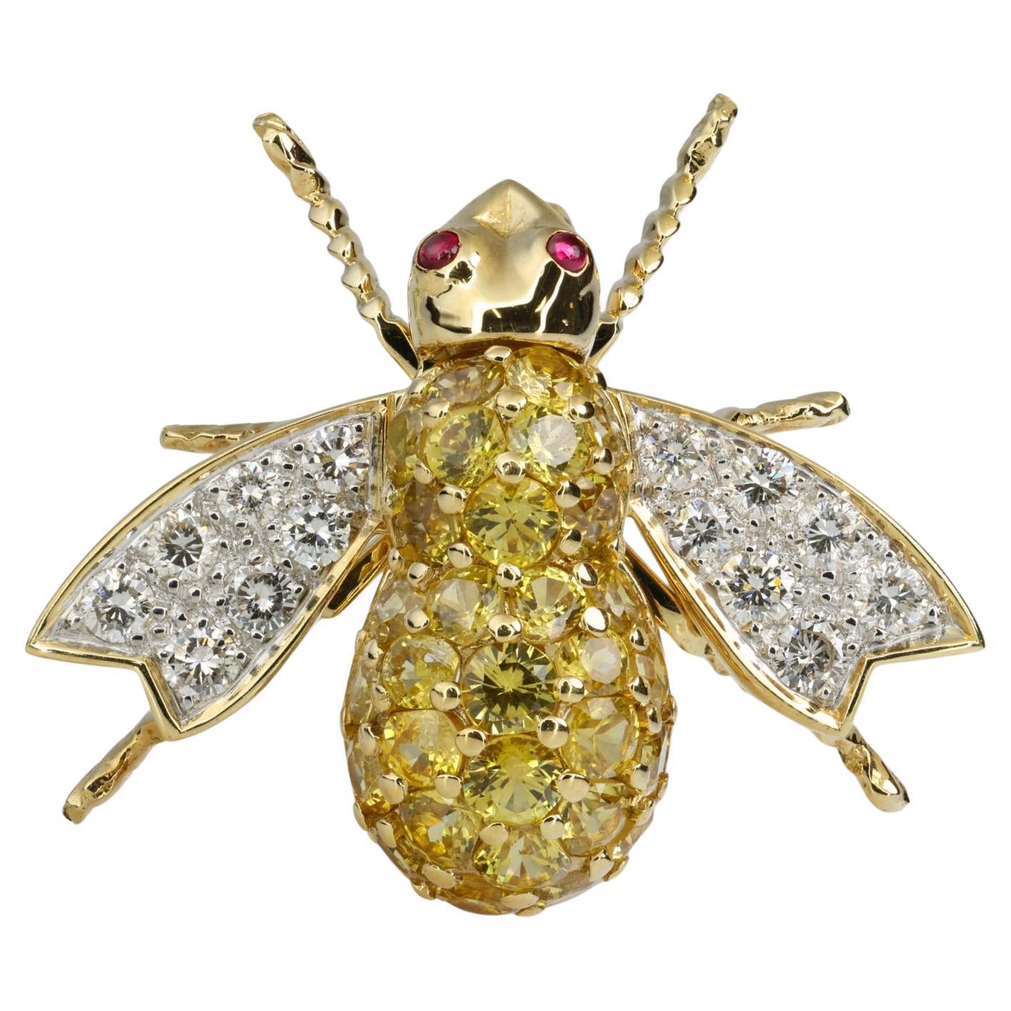 Broche abeille vintage en or jaune 18 carats, saphir jaune et diamant