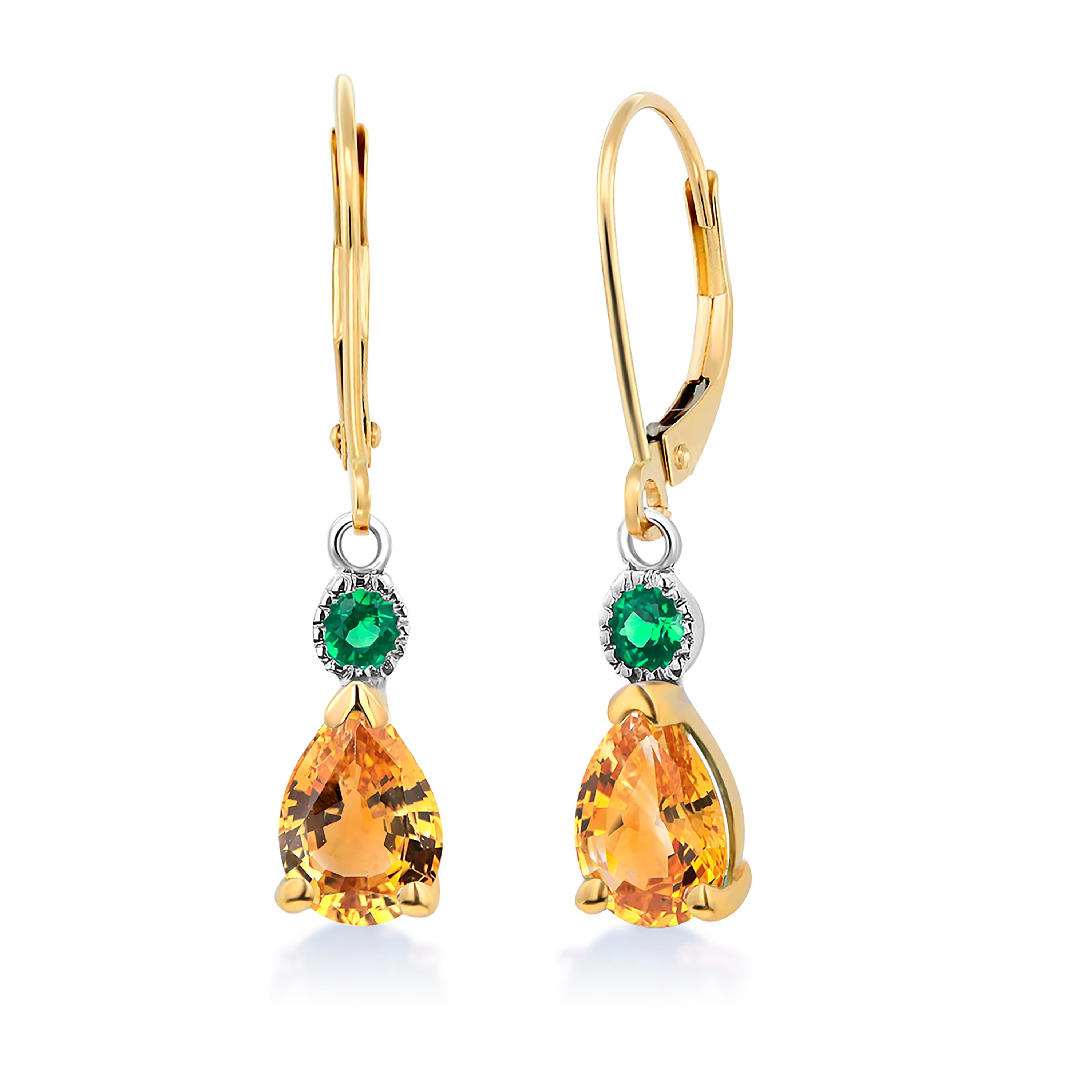 Oval Cut Pear Shaped Yellow Sapphire and Round Emerald Drop Hoop Gold Earrings