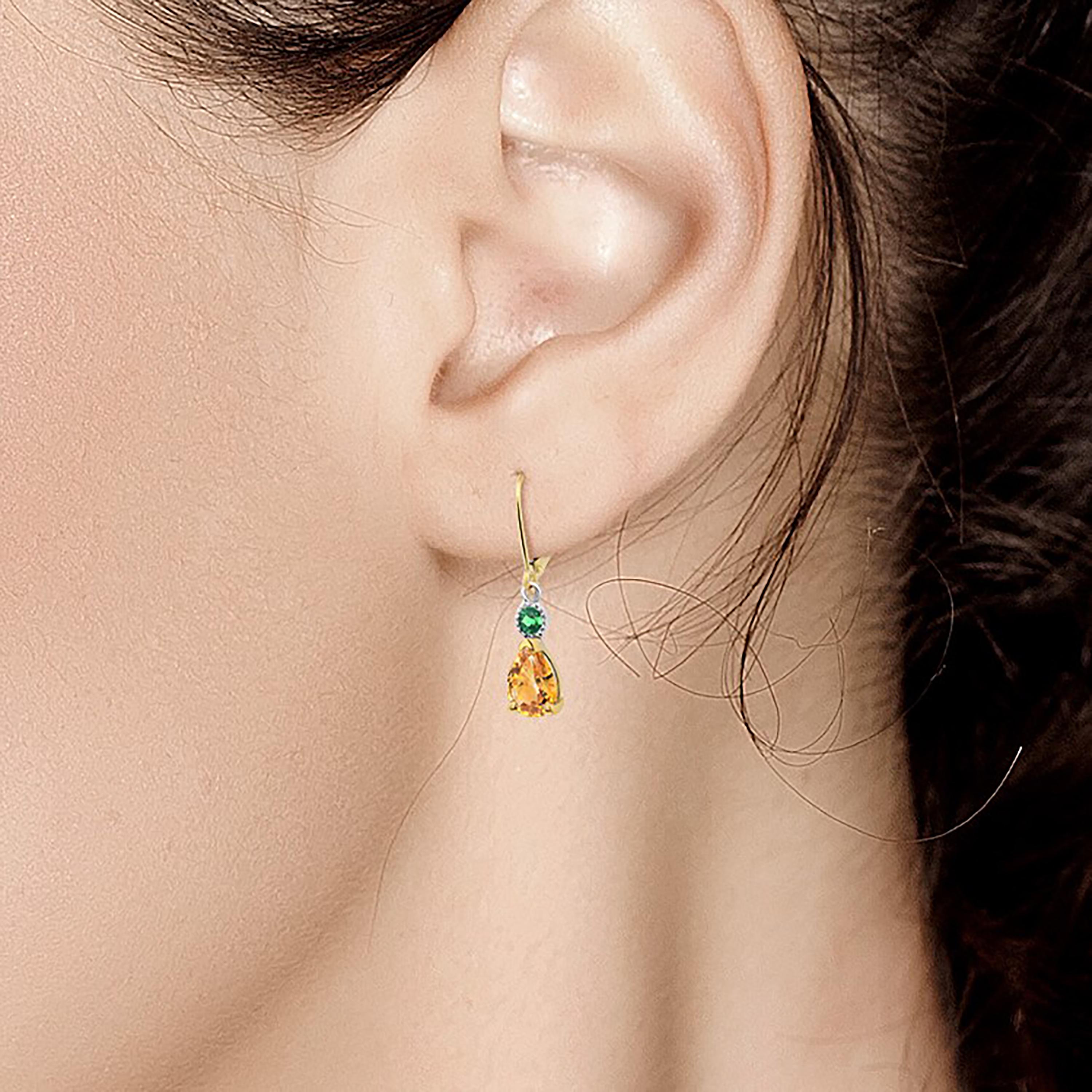 Contemporary Pear Shaped Yellow Sapphire and Round Emerald Drop Hoop Gold Earrings